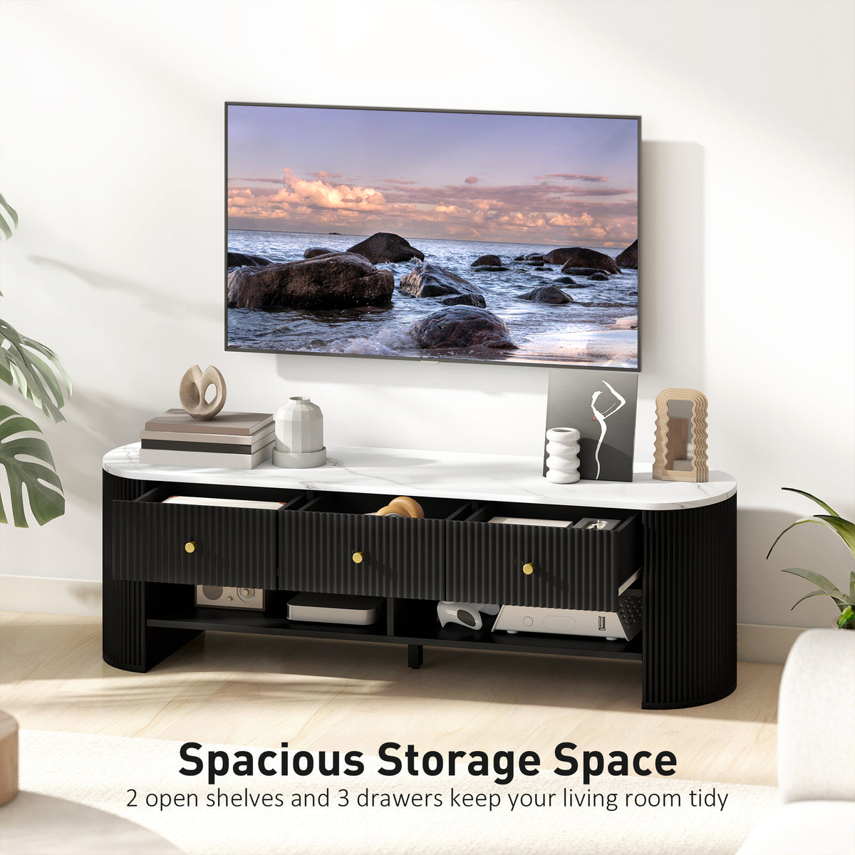 Modern Marble-Effect TV Stand, 3 Drawers, 2 Shelves, Black-DECOROLALA