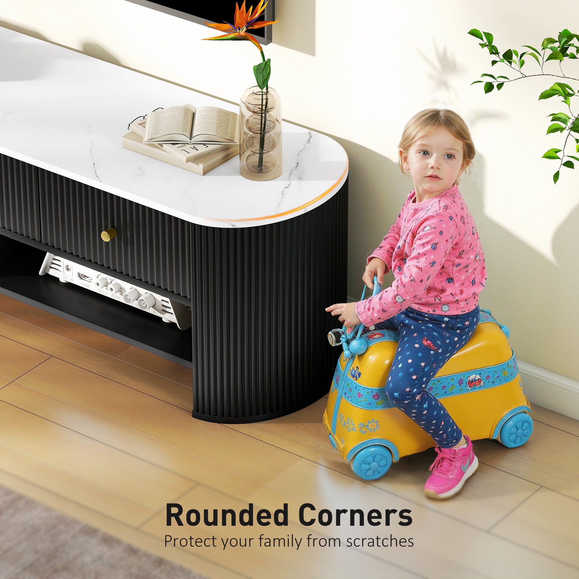Modern Marble-Effect TV Stand, 3 Drawers, 2 Shelves, Black-DECOROLALA