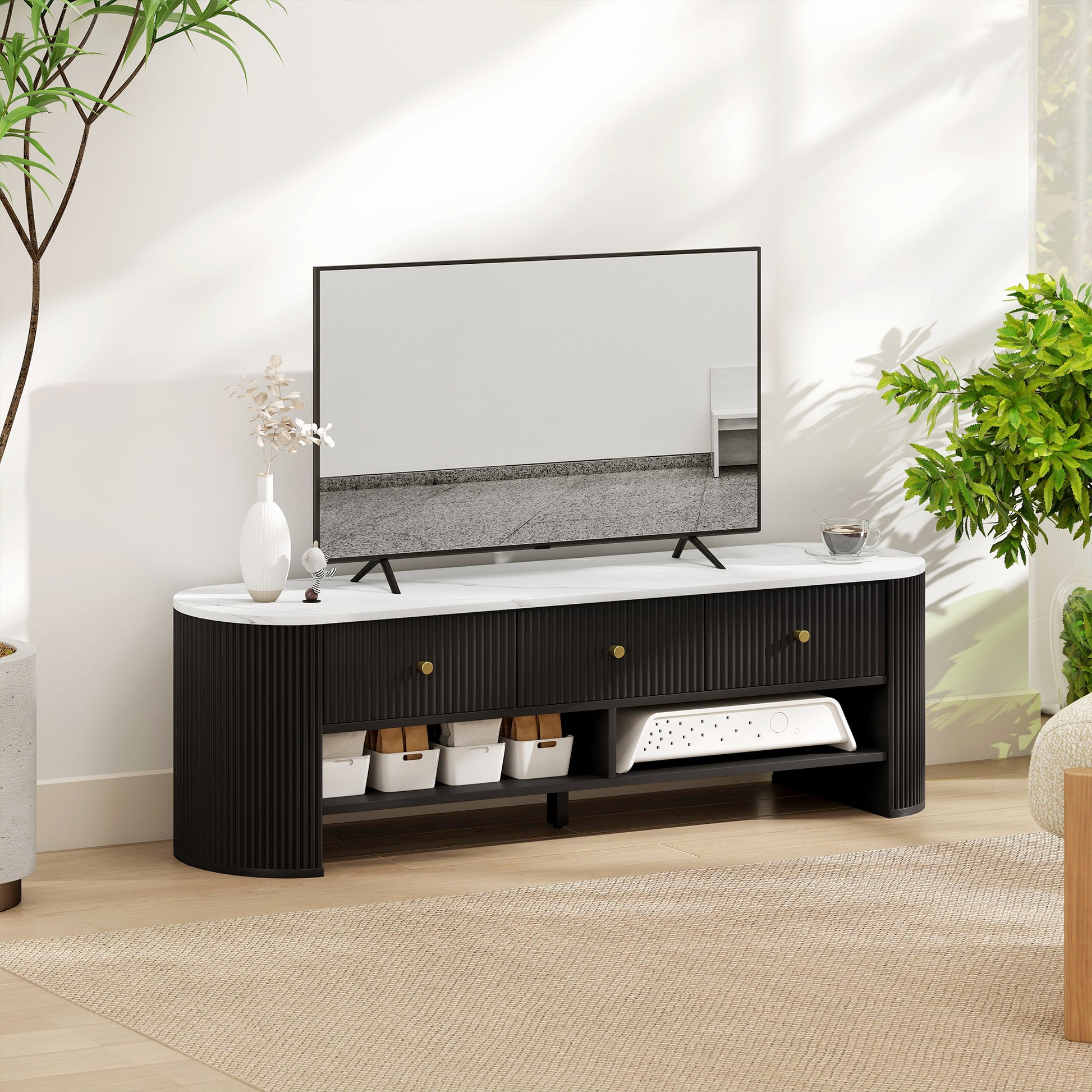 Modern Marble-Effect TV Stand, 3 Drawers, 2 Shelves, Black-DECOROLALA