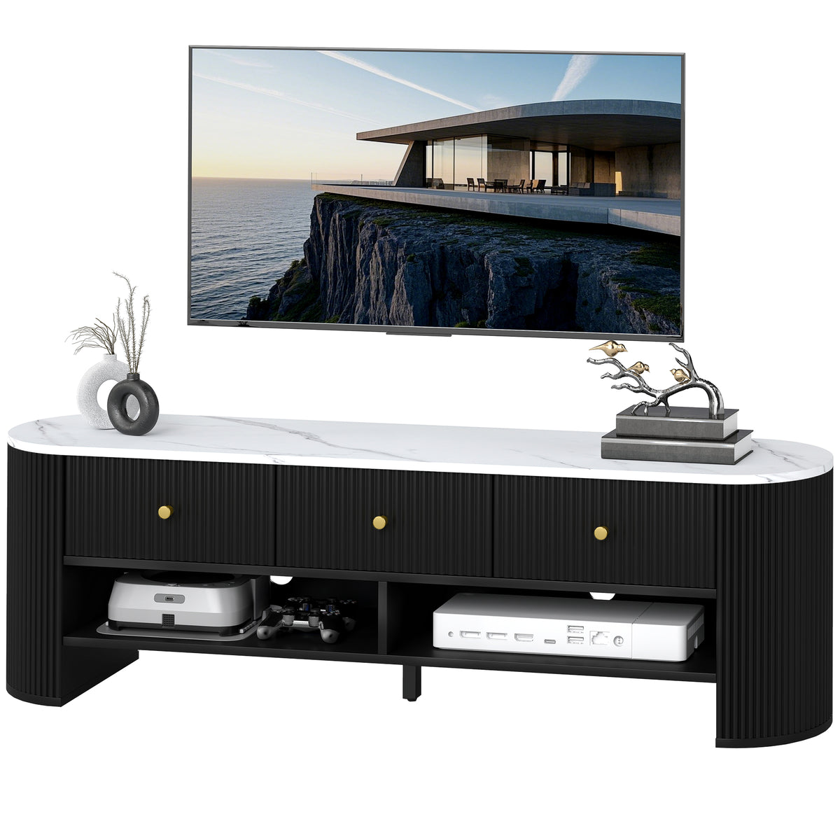 Modern Marble-Effect TV Stand, 3 Drawers, 2 Shelves, Black-TV Stands-DECOROLALA
