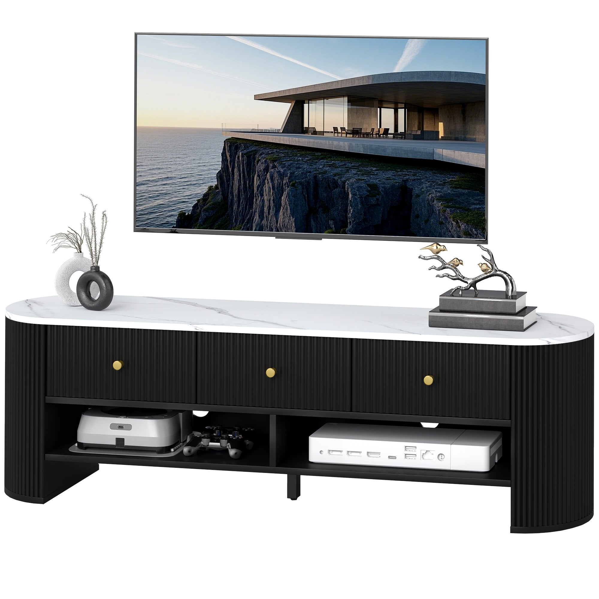 Modern Marble-Effect TV Stand, 3 Drawers, 2 Shelves, Black-DECOROLALA