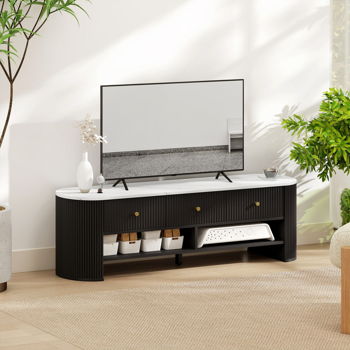 Modern Marble-Effect TV Stand, 3 Drawers, 2 Shelves, Black-DECOROLALA