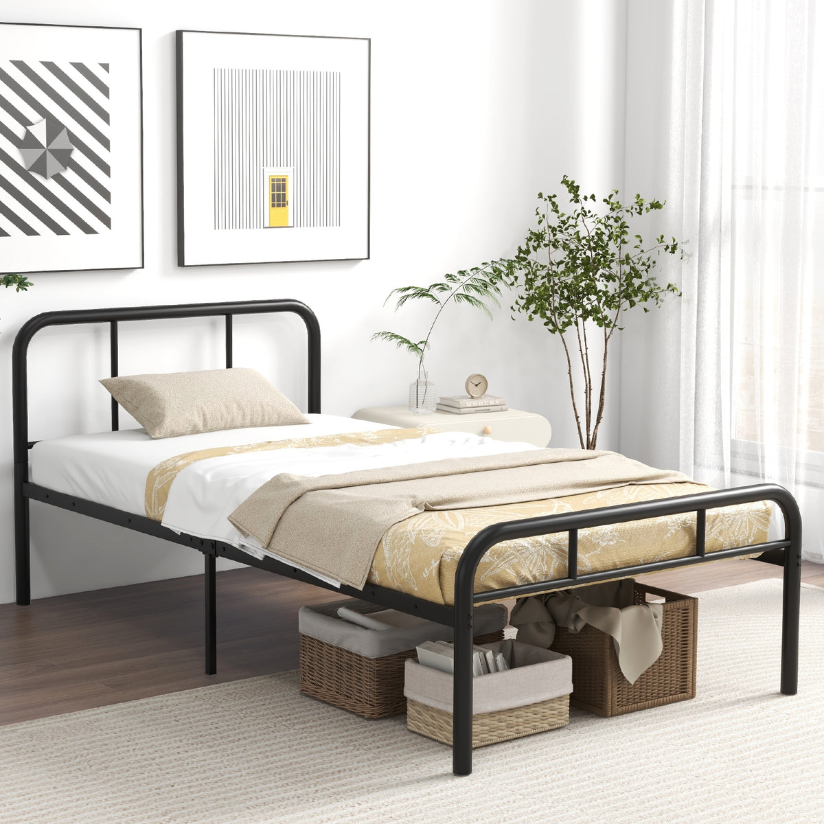 Modern Metal Platform Bed with Headboard and Footboard-Black-Simple Bed Frame-DECOROLALA