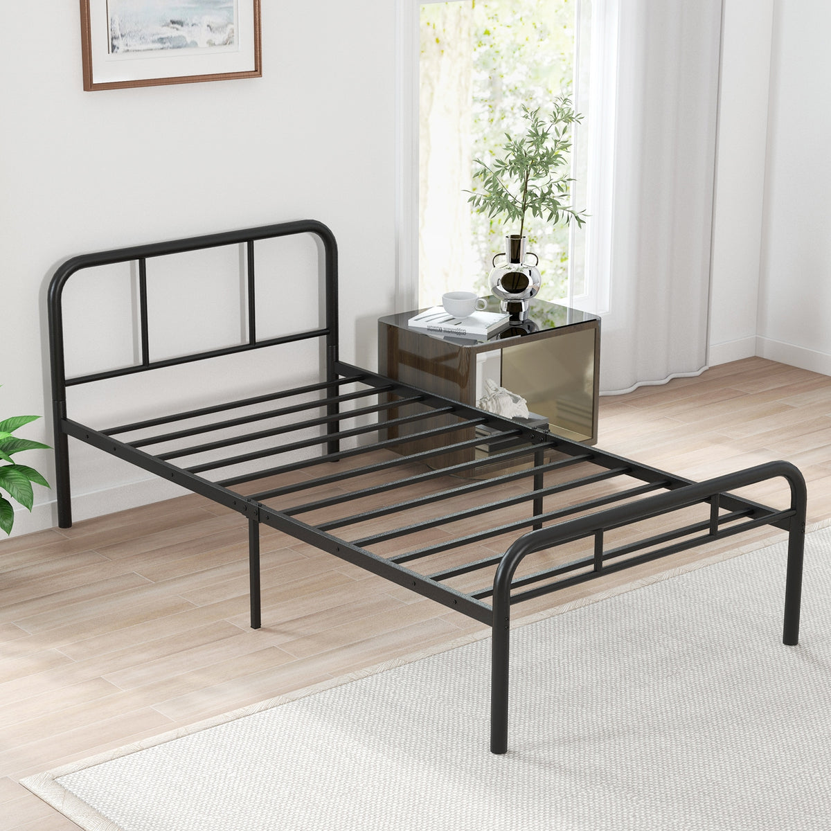 Modern Metal Platform Bed with Headboard and Footboard-Black-Simple Bed Frame-DECOROLALA