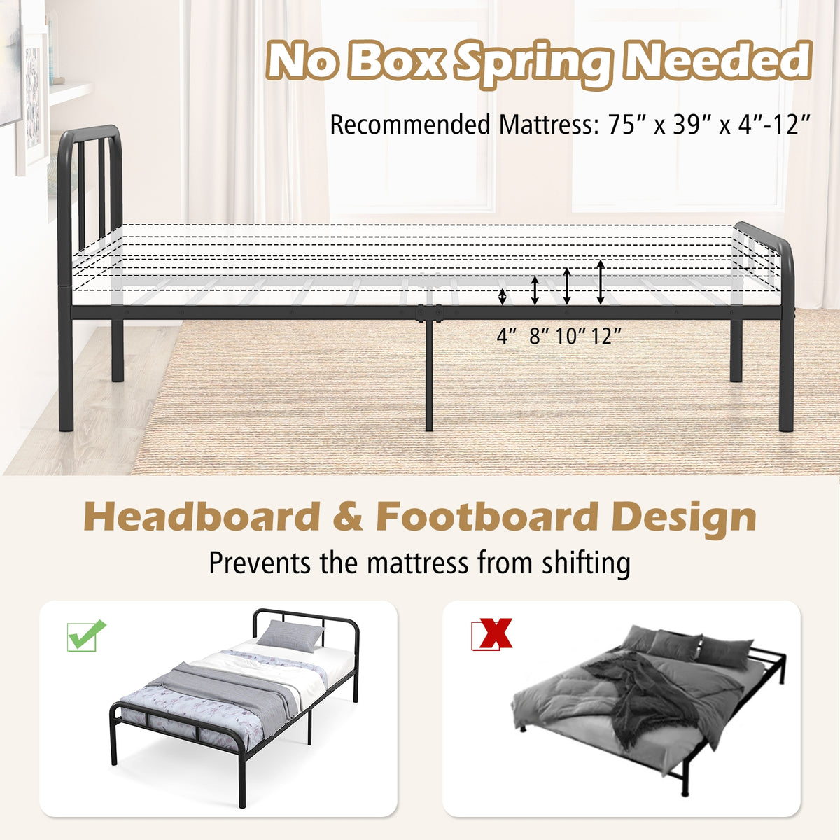 Modern Metal Platform Bed with Headboard and Footboard-Black-Simple Bed Frame-DECOROLALA
