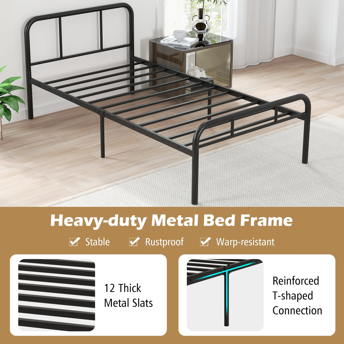 Modern Metal Platform Bed with Headboard and Footboard-Black-Simple Bed Frame-DECOROLALA