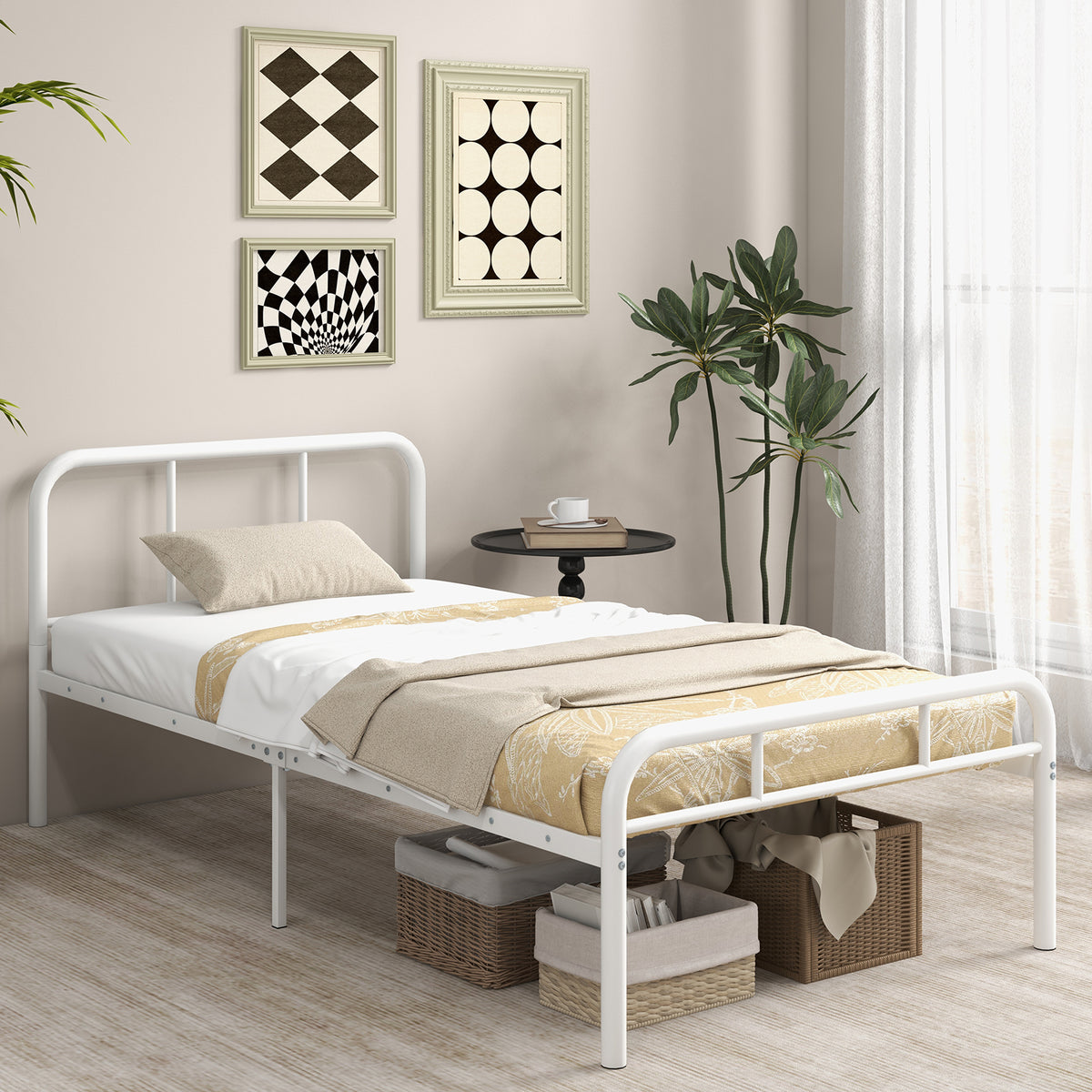 Modern Metal Platform Bed with Headboard and Footboard-White-Simple Bed Frame-DECOROLALA