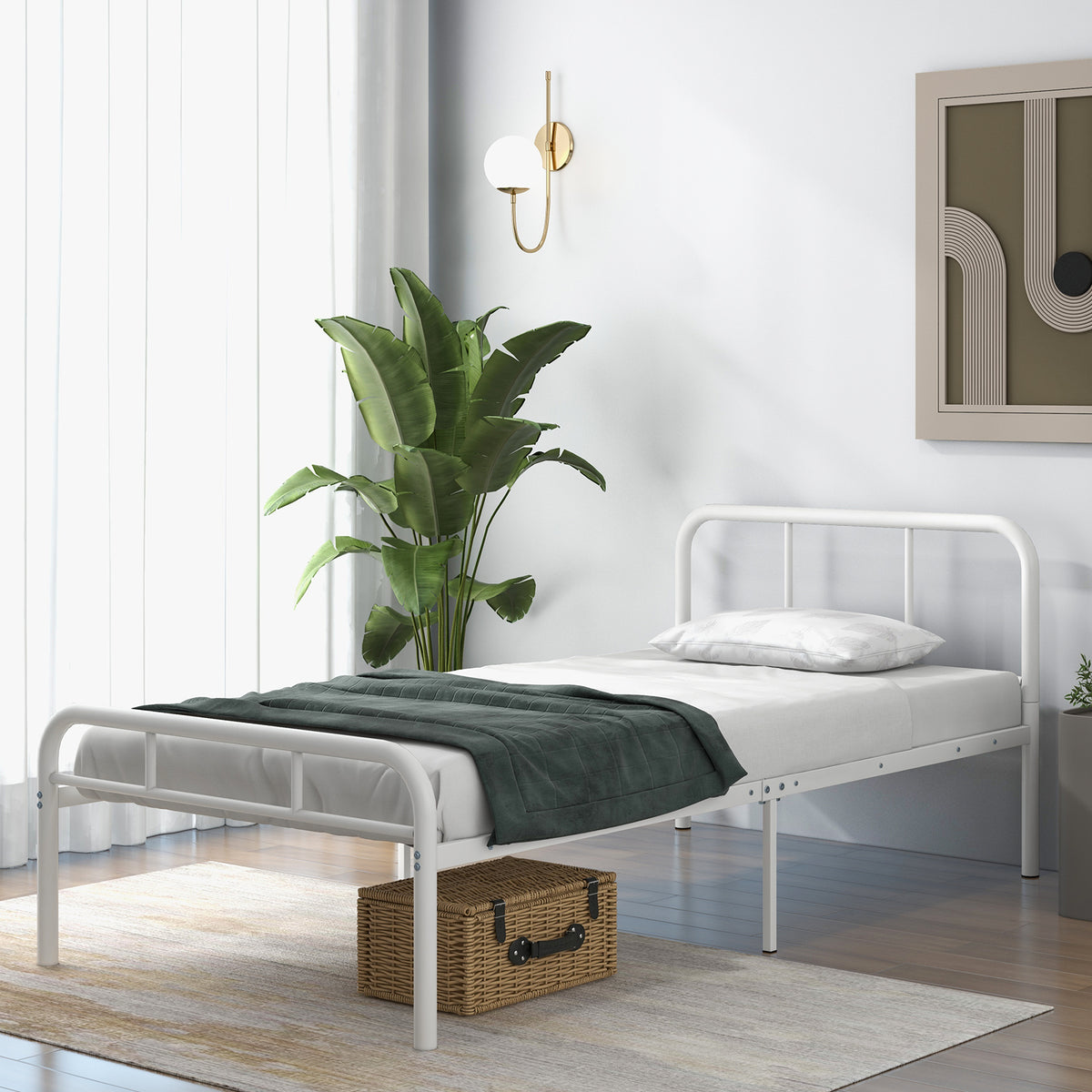 Modern Metal Platform Bed with Headboard and Footboard-White-Simple Bed Frame-DECOROLALA