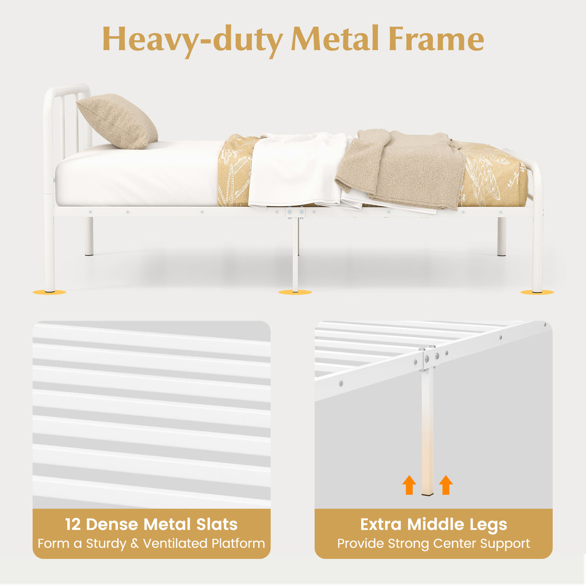 Modern Metal Platform Bed with Headboard and Footboard-White-Simple Bed Frame-DECOROLALA