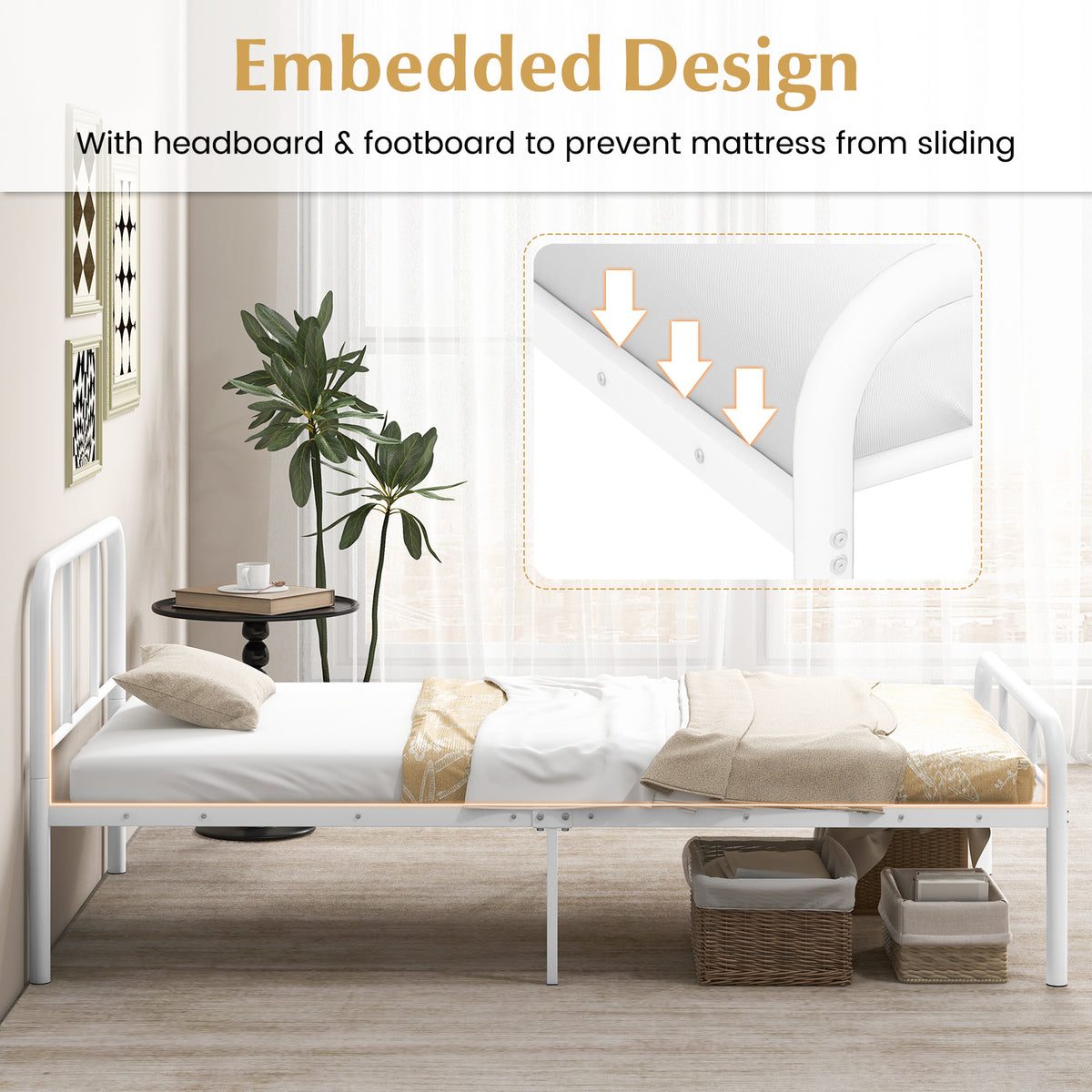 Modern Metal Platform Bed with Headboard and Footboard-White-Simple Bed Frame-DECOROLALA