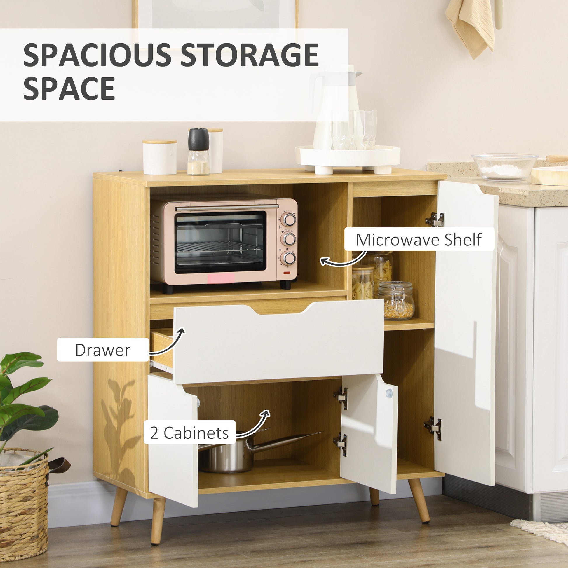Modern Microwave Stand, Microwave Cabinet with Drawer, Storage Cupboards and Cable Hole for Kitchen, Dining Room, White-Home Furnishings > Storage & Organization > Kitchen Pantry Cabinets-DECOROLALA