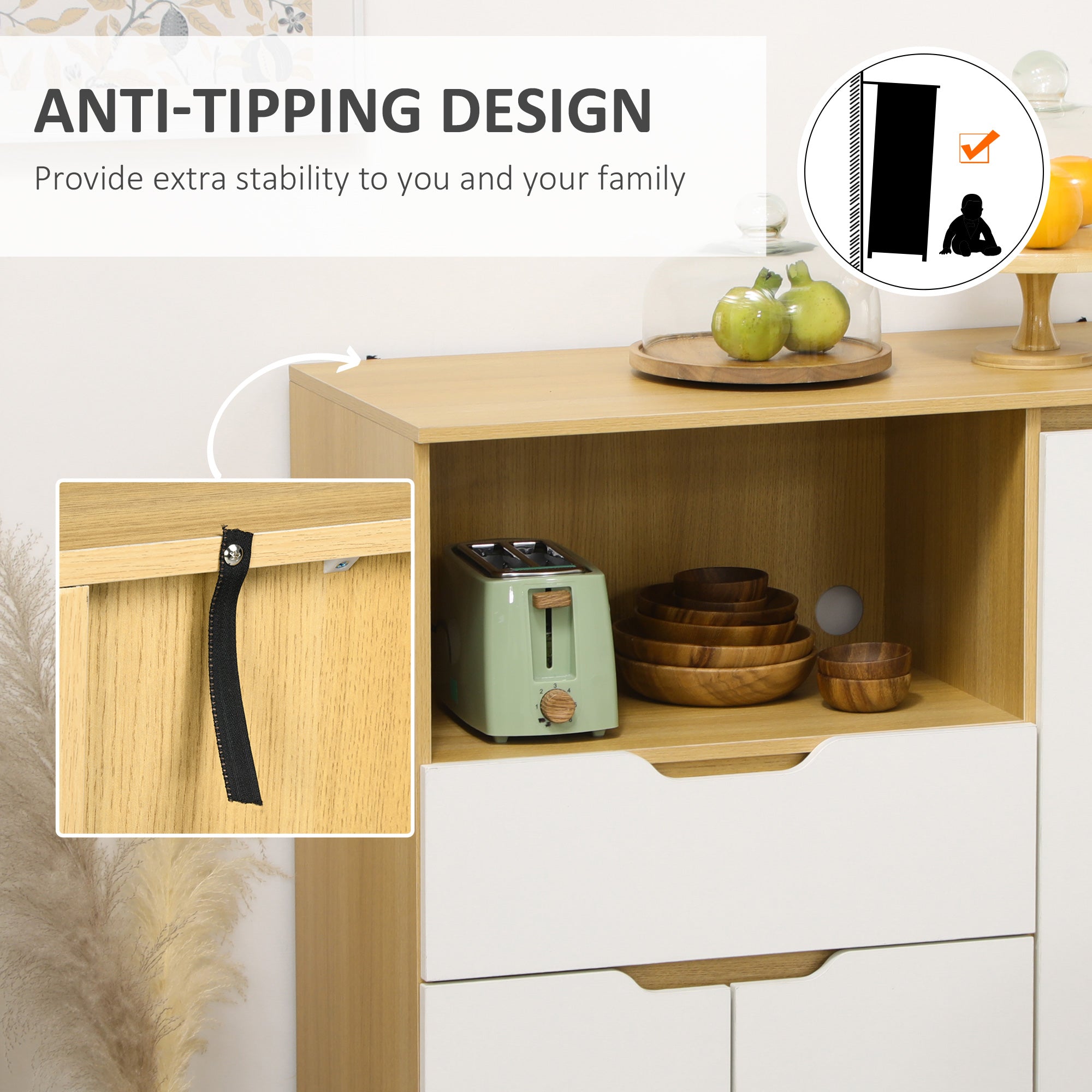 Modern Microwave Stand, Microwave Cabinet with Drawer, Storage Cupboards and Cable Hole for Kitchen, Dining Room, White-Home Furnishings > Storage & Organization > Kitchen Pantry Cabinets-DECOROLALA