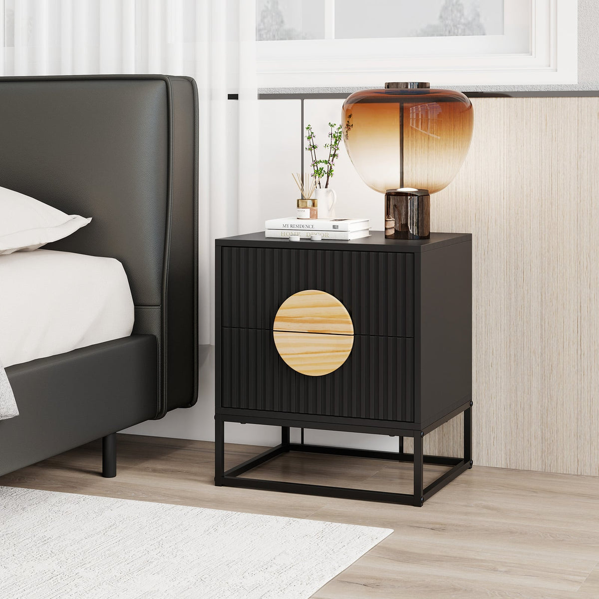 Modern Mid Century Fluted Nightstand with 2 Drawers and Pine Wood Handles for Bedroom-Black-Nightstands-DECOROLALA