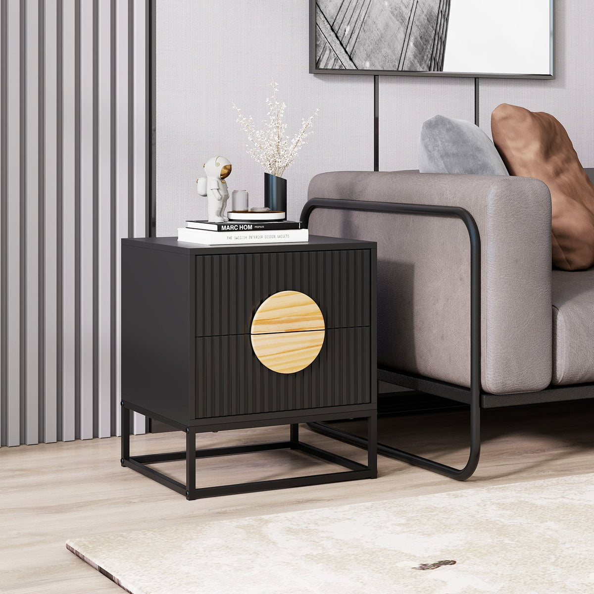 Modern Mid Century Fluted Nightstand with 2 Drawers and Pine Wood Handles for Bedroom-Black-Nightstands-DECOROLALA