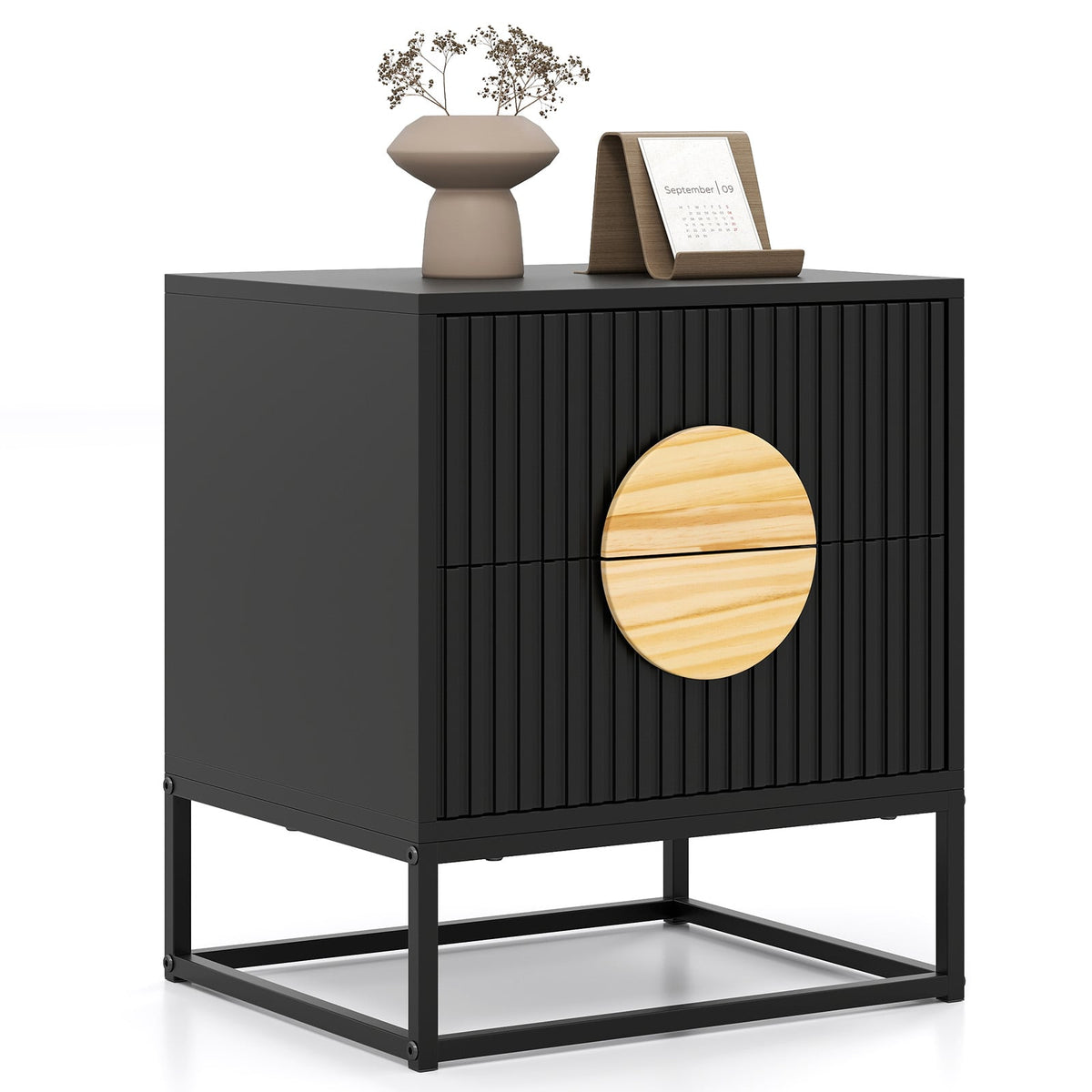 Modern Mid Century Fluted Nightstand with 2 Drawers and Pine Wood Handles for Bedroom-Black-Nightstands-DECOROLALA