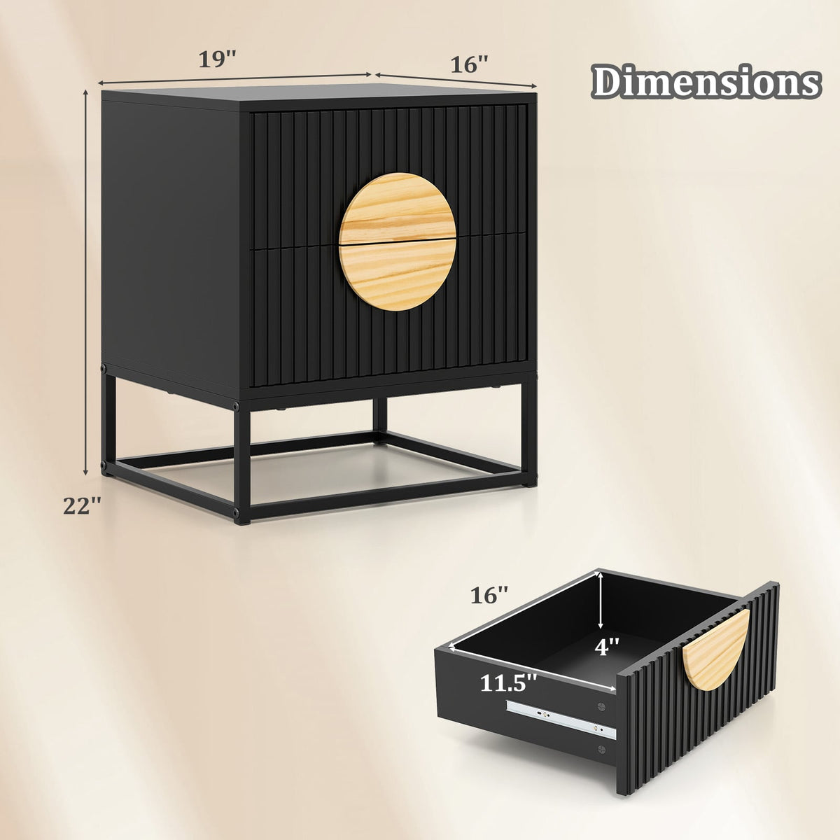 Modern Mid Century Fluted Nightstand with 2 Drawers and Pine Wood Handles for Bedroom-Black-Nightstands-DECOROLALA