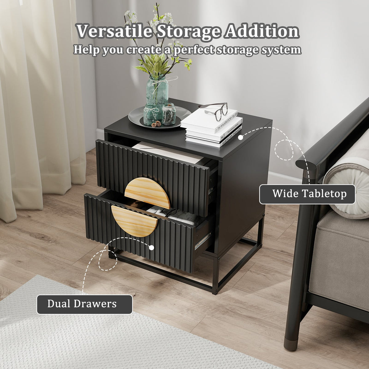 Modern Mid Century Fluted Nightstand with 2 Drawers and Pine Wood Handles for Bedroom-Black-Nightstands-DECOROLALA