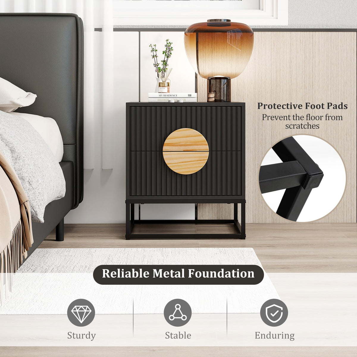 Modern Mid Century Fluted Nightstand with 2 Drawers and Pine Wood Handles for Bedroom-Black-Nightstands-DECOROLALA