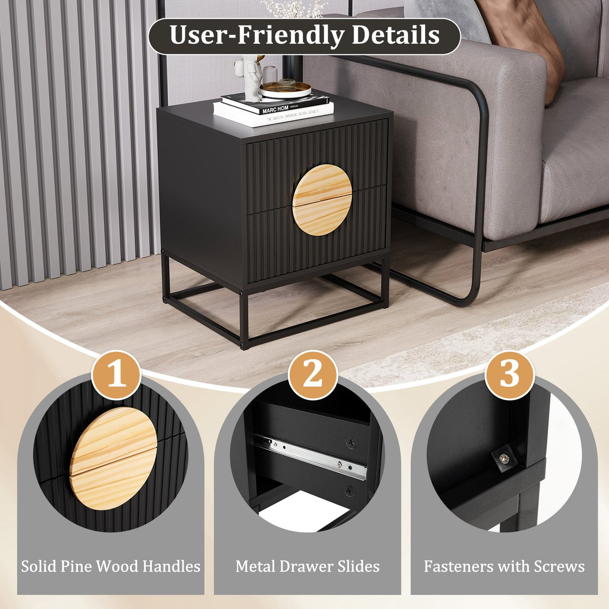 Modern Mid Century Fluted Nightstand with 2 Drawers and Pine Wood Handles for Bedroom-Black-Nightstands-DECOROLALA