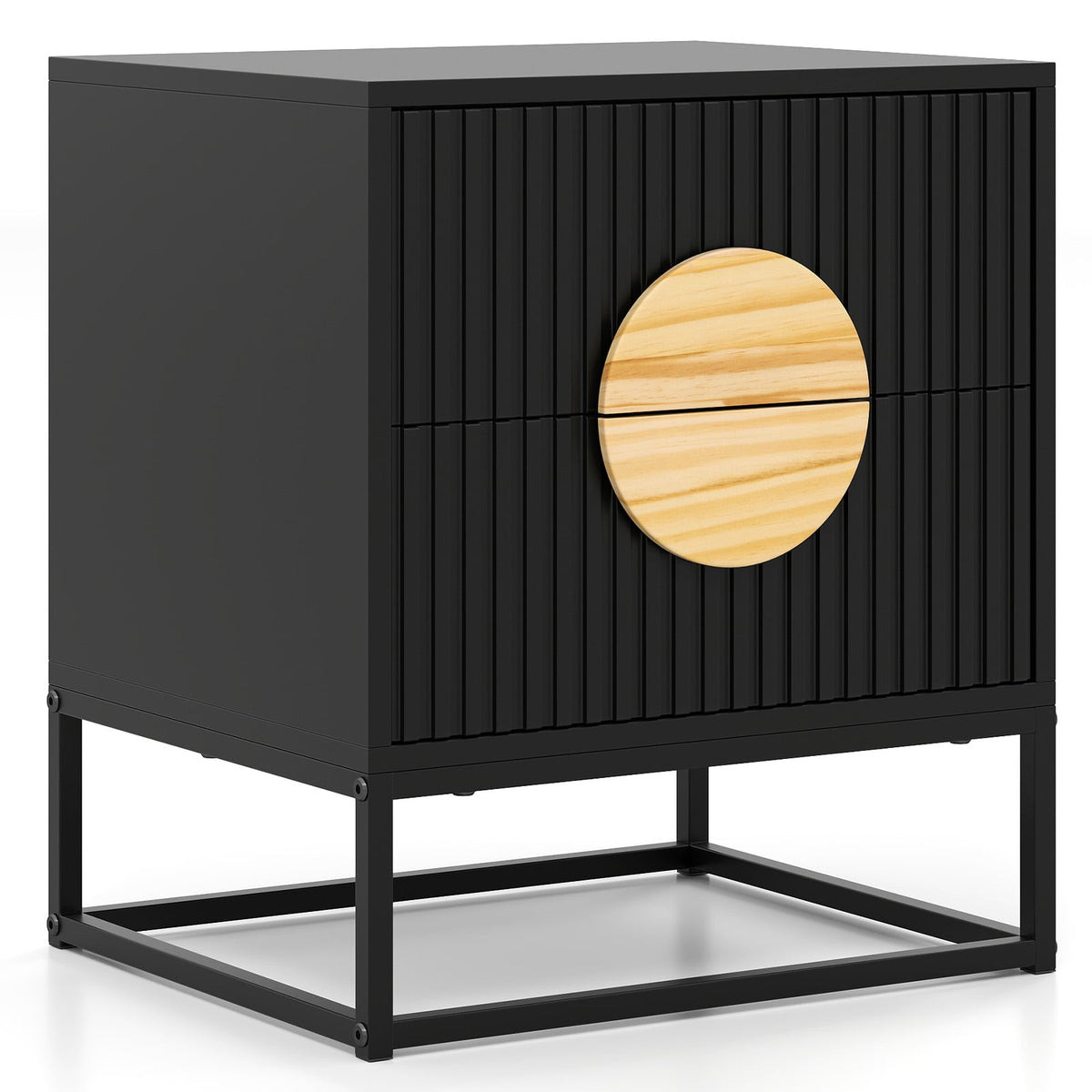 Modern Mid Century Fluted Nightstand with 2 Drawers and Pine Wood Handles for Bedroom-Black-Nightstands-DECOROLALA