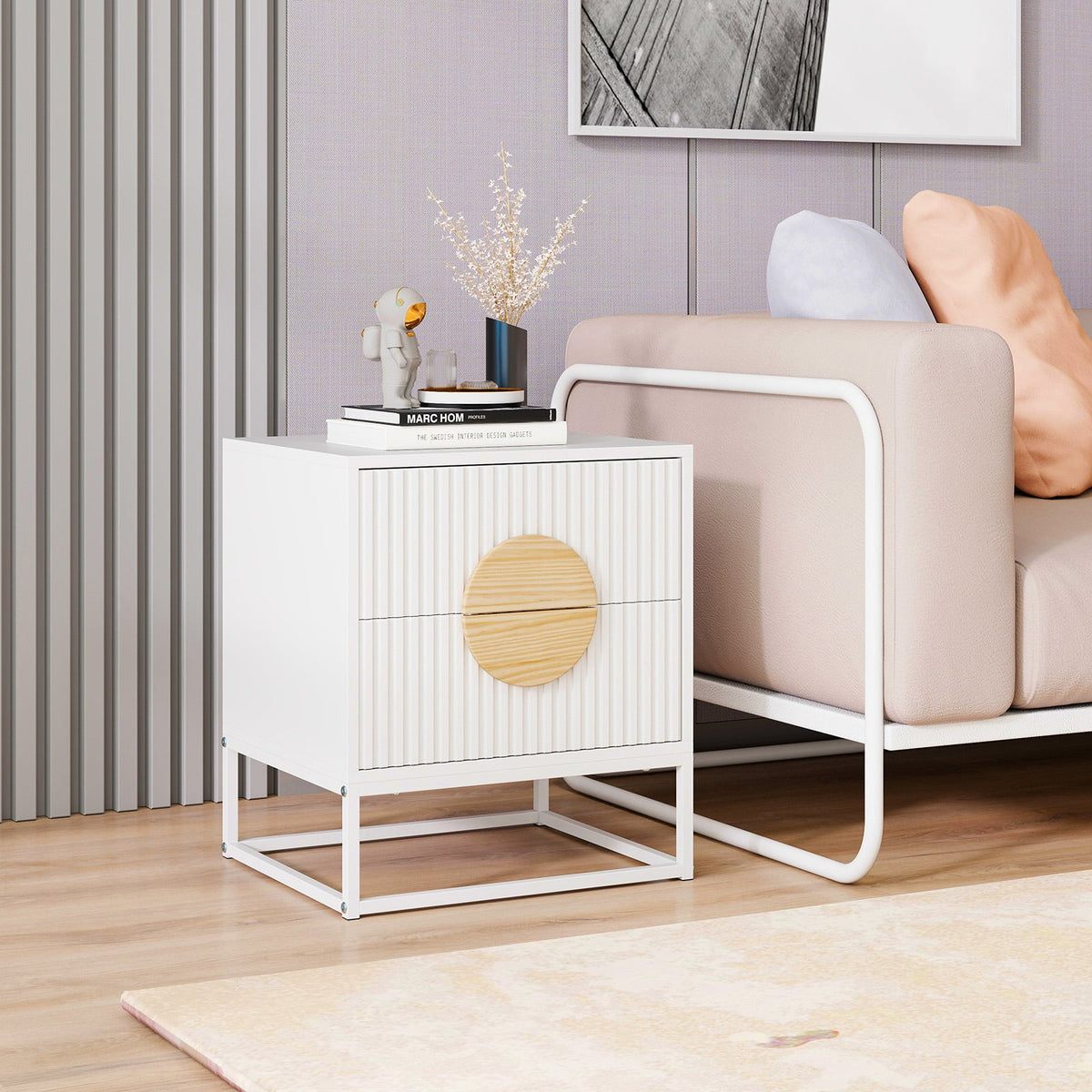 Modern Mid Century Fluted Nightstand with 2 Drawers and Pine Wood Handles for Bedroom-White-Nightstands-DECOROLALA