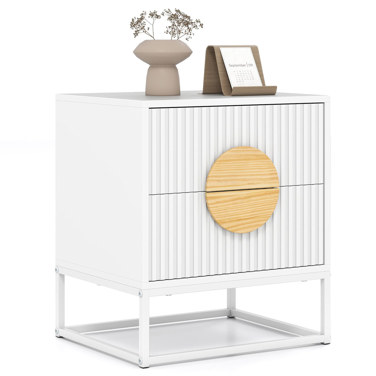 Modern Mid Century Fluted Nightstand with 2 Drawers and Pine Wood Handles for Bedroom-White-Nightstands-DECOROLALA