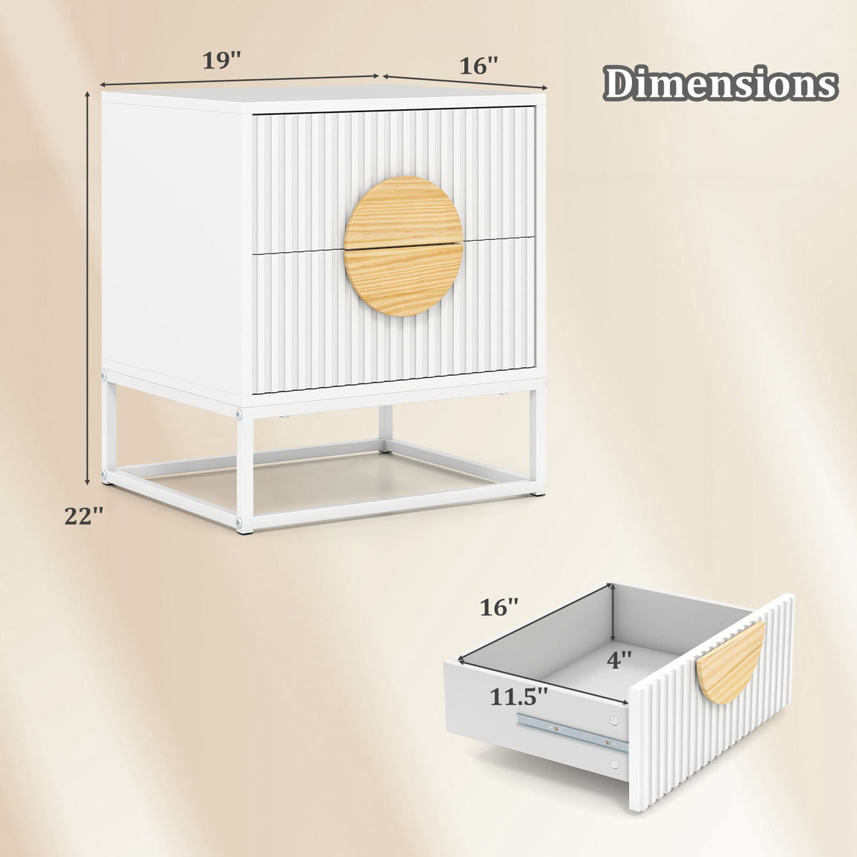 Modern Mid Century Fluted Nightstand with 2 Drawers and Pine Wood Handles for Bedroom-White-Nightstands-DECOROLALA