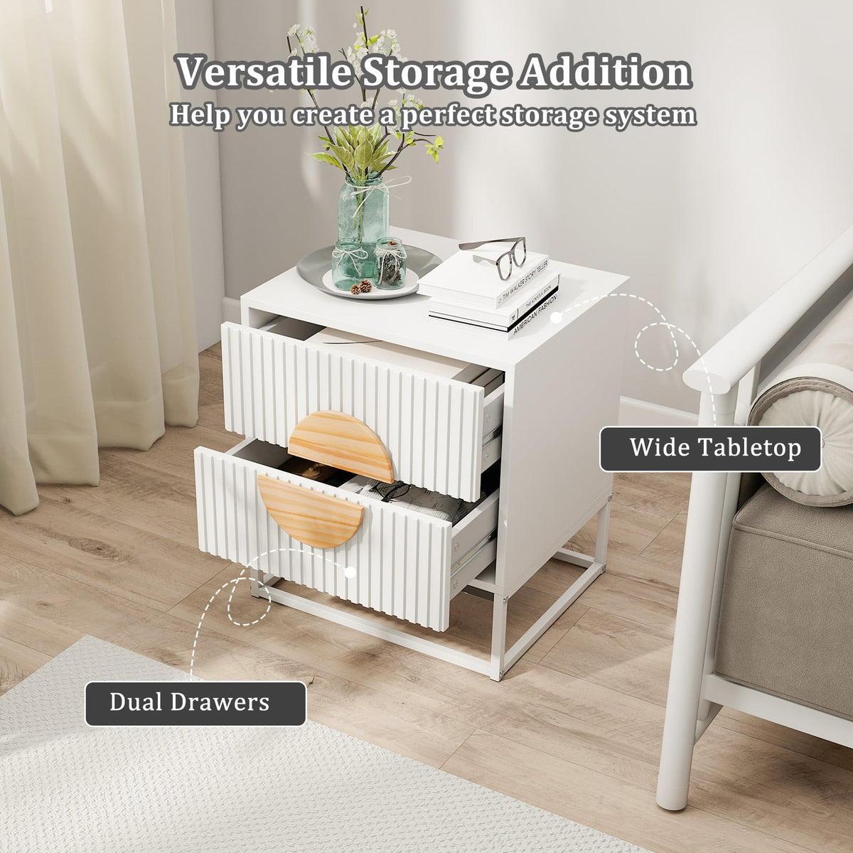 Modern Mid Century Fluted Nightstand with 2 Drawers and Pine Wood Handles for Bedroom-White-Nightstands-DECOROLALA