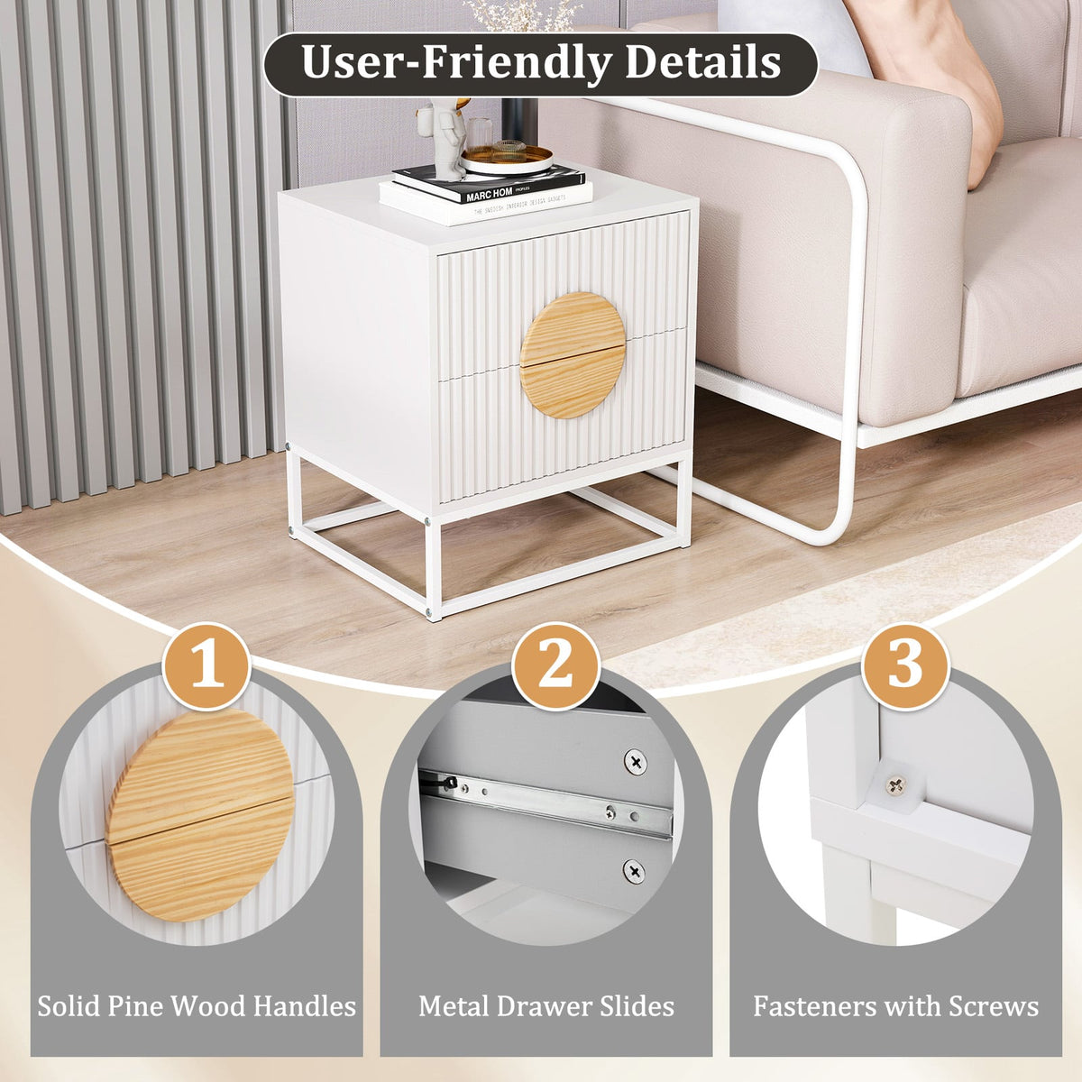 Modern Mid Century Fluted Nightstand with 2 Drawers and Pine Wood Handles for Bedroom-White-Nightstands-DECOROLALA