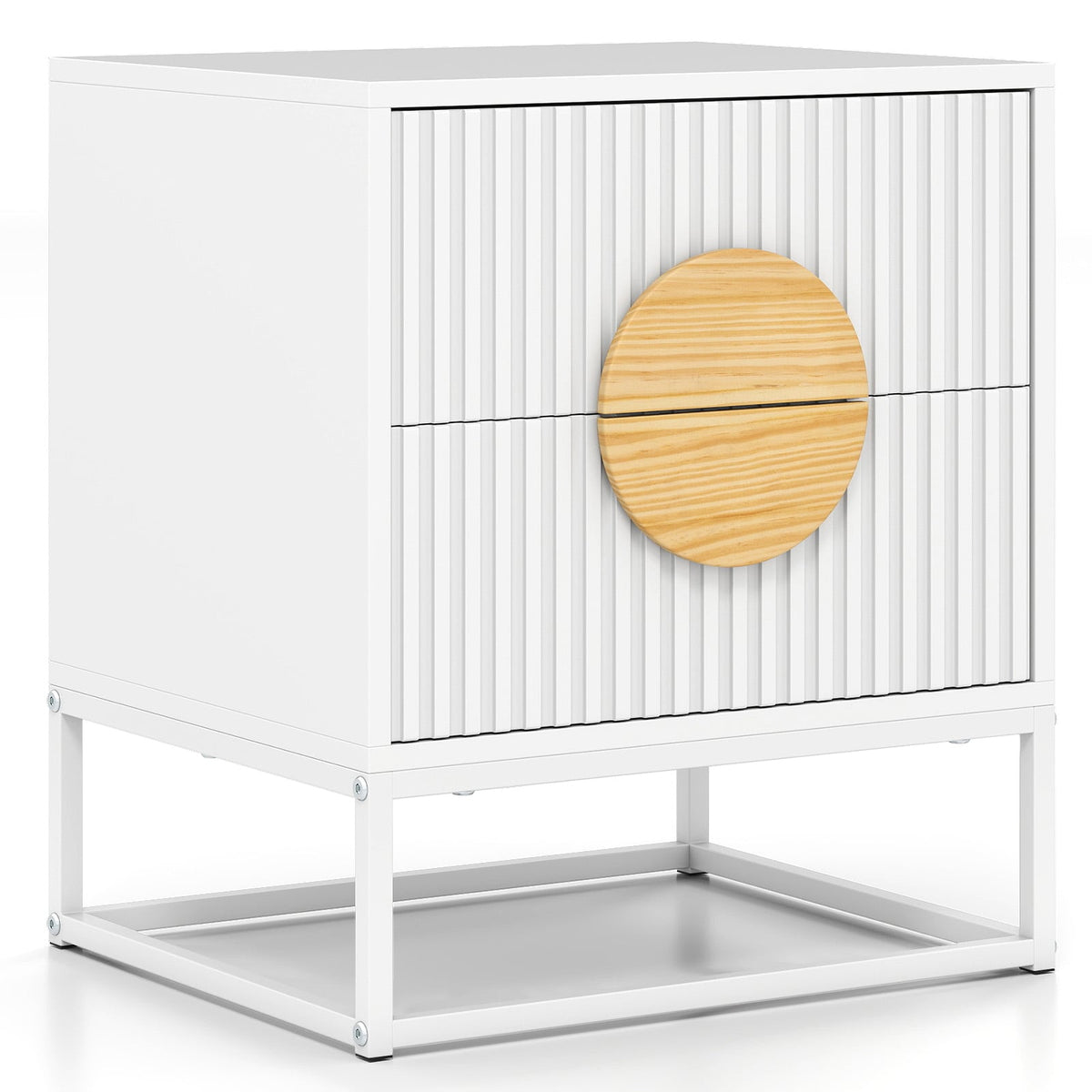 Modern Mid Century Fluted Nightstand with 2 Drawers and Pine Wood Handles for Bedroom-White-Nightstands-DECOROLALA