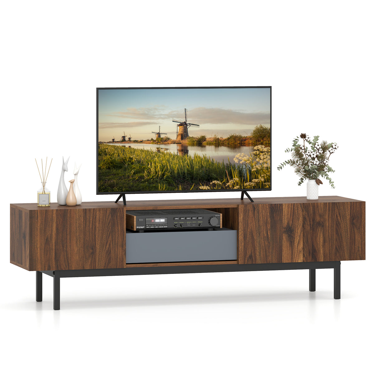 Modern Mid Century TV Cabinetfor TVs up to 82" with Drawer-Walnut-Entertainment Centers & TV Stands-DECOROLALA
