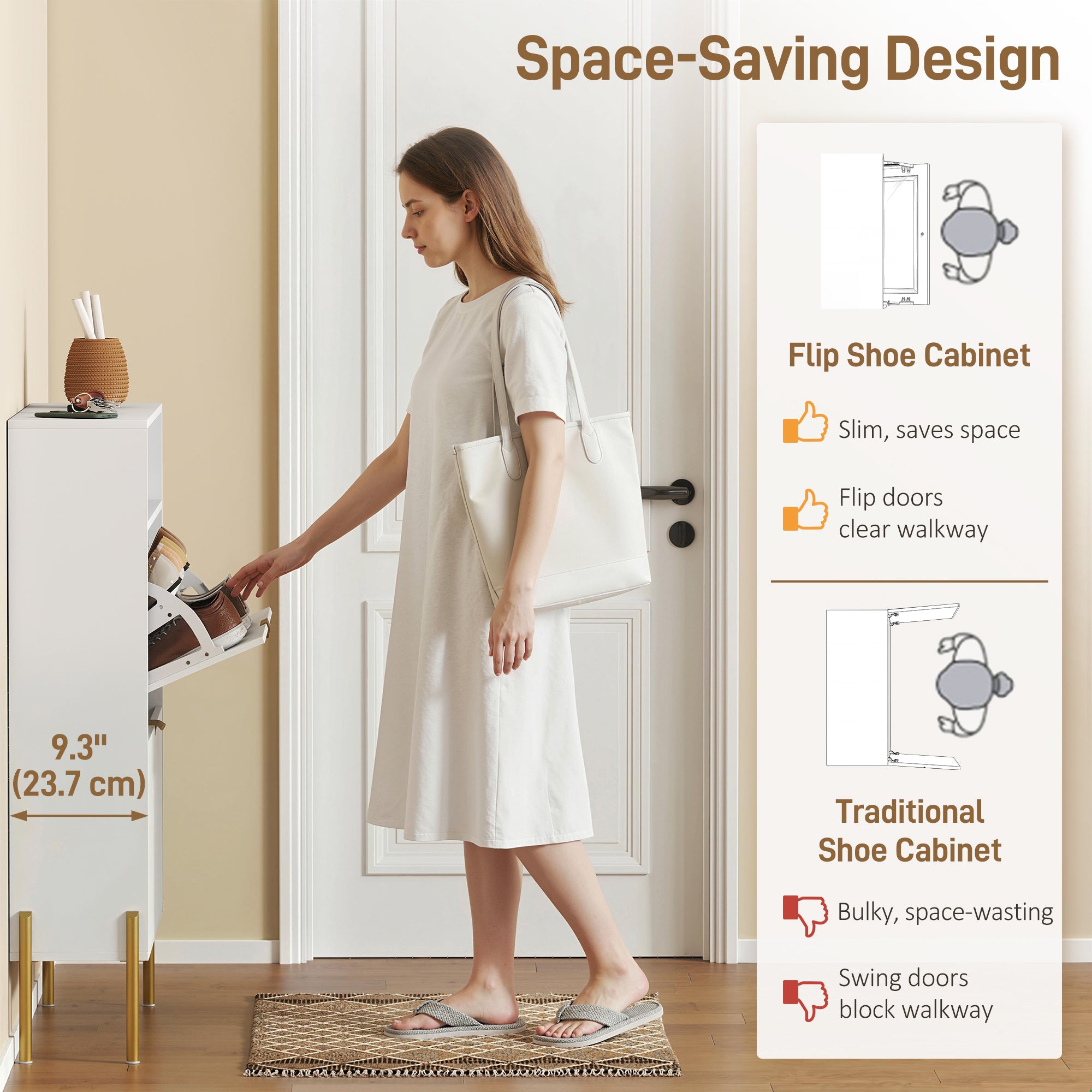 Modern Narrow Shoe Cabinet - 2 Flip Drawers White & Gold-Home Furnishings > Storage & Organization > Shoe Storage Cabinets & Racks-DECOROLALA
