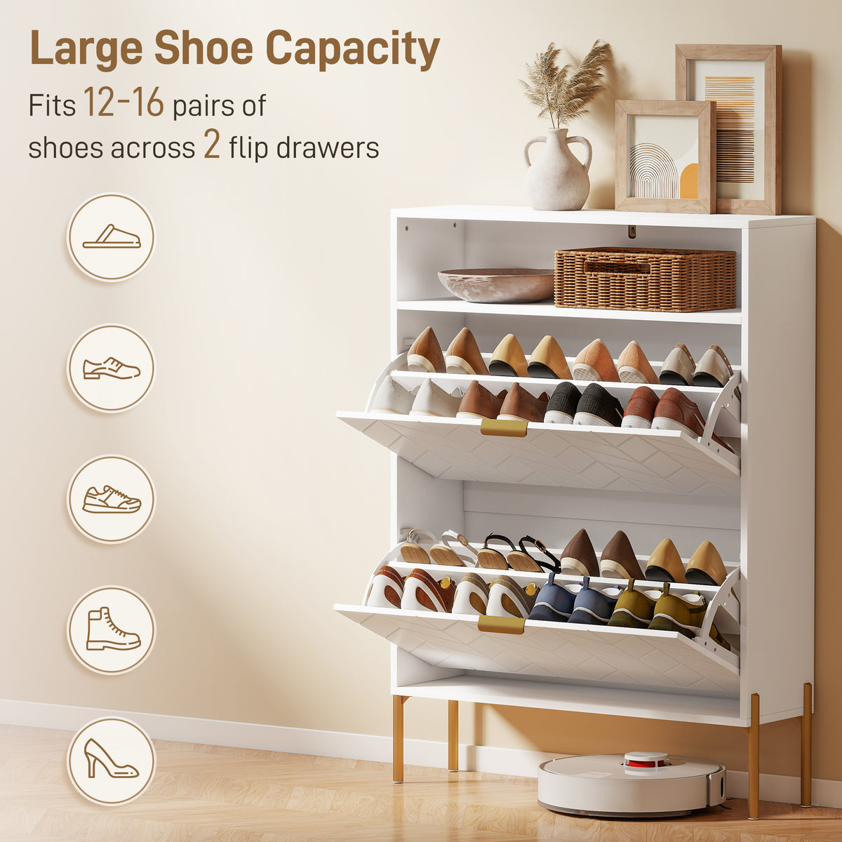 Modern Narrow Shoe Cabinet - 2 Flip Drawers White & Gold-Home Furnishings > Storage & Organization > Shoe Storage Cabinets & Racks-DECOROLALA