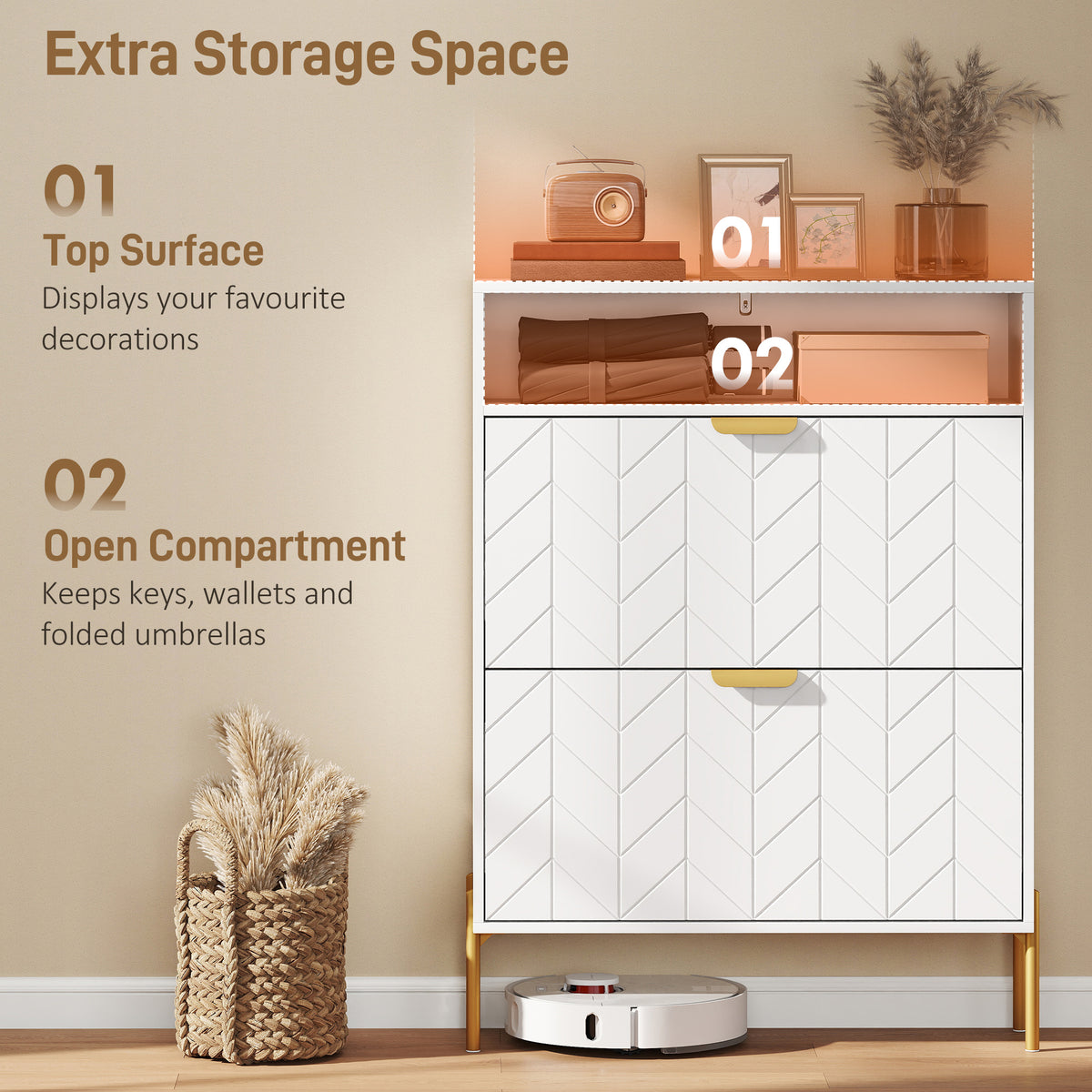 Modern Narrow Shoe Cabinet - 2 Flip Drawers White & Gold-Home Furnishings > Storage & Organization > Shoe Storage Cabinets & Racks-DECOROLALA