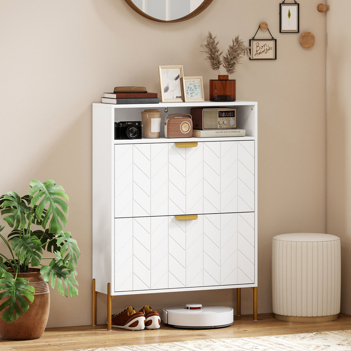 Modern Narrow Shoe Cabinet - 2 Flip Drawers White & Gold-Home Furnishings > Storage & Organization > Shoe Storage Cabinets & Racks-DECOROLALA