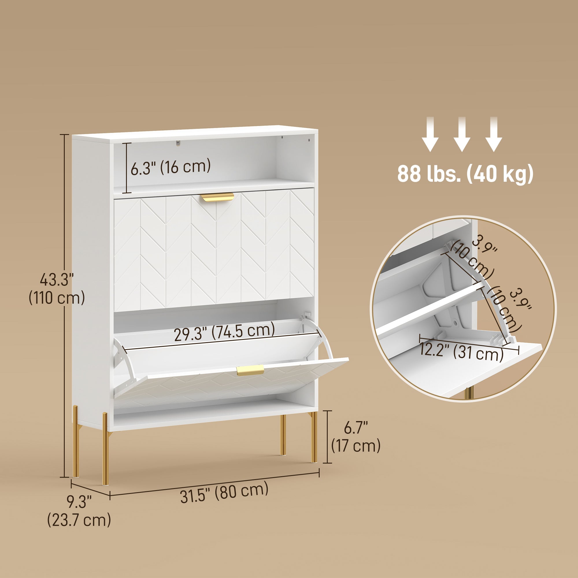 Modern Narrow Shoe Cabinet - 2 Flip Drawers White & Gold-Home Furnishings > Storage & Organization > Shoe Storage Cabinets & Racks-DECOROLALA