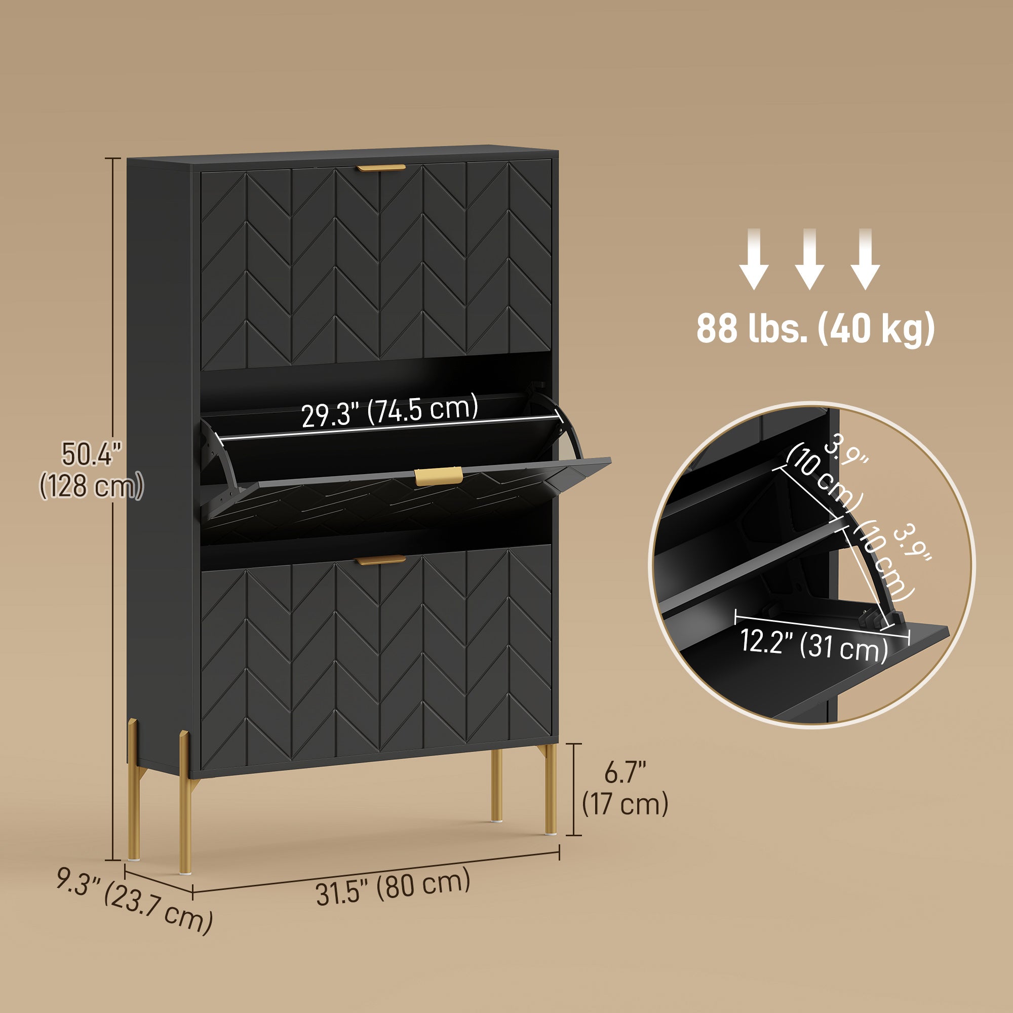 Modern Narrow Shoe Cabinet - 3 Flip Drawers Black/Gold-DECOROLALA