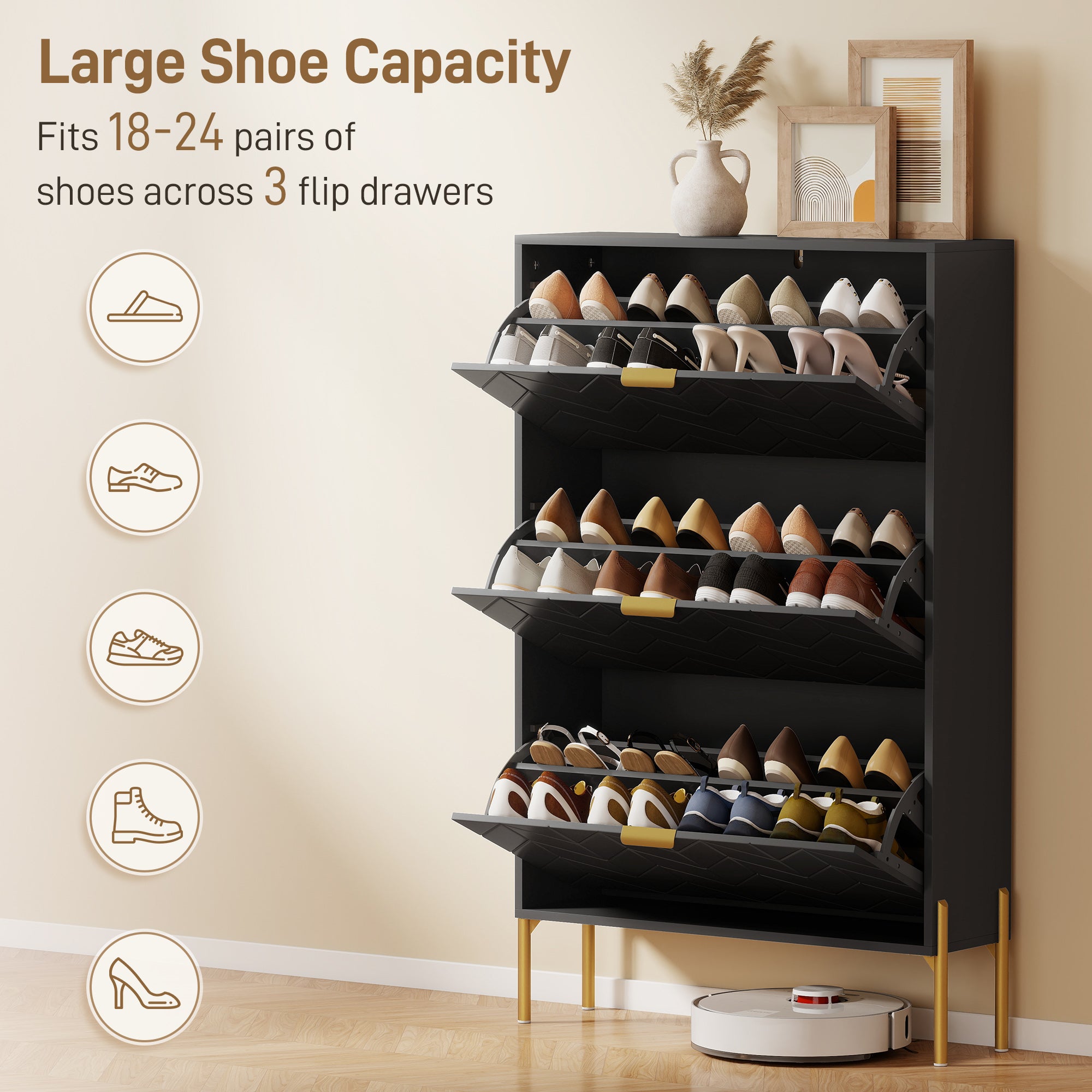 Modern Narrow Shoe Cabinet - 3 Flip Drawers Black/Gold-DECOROLALA