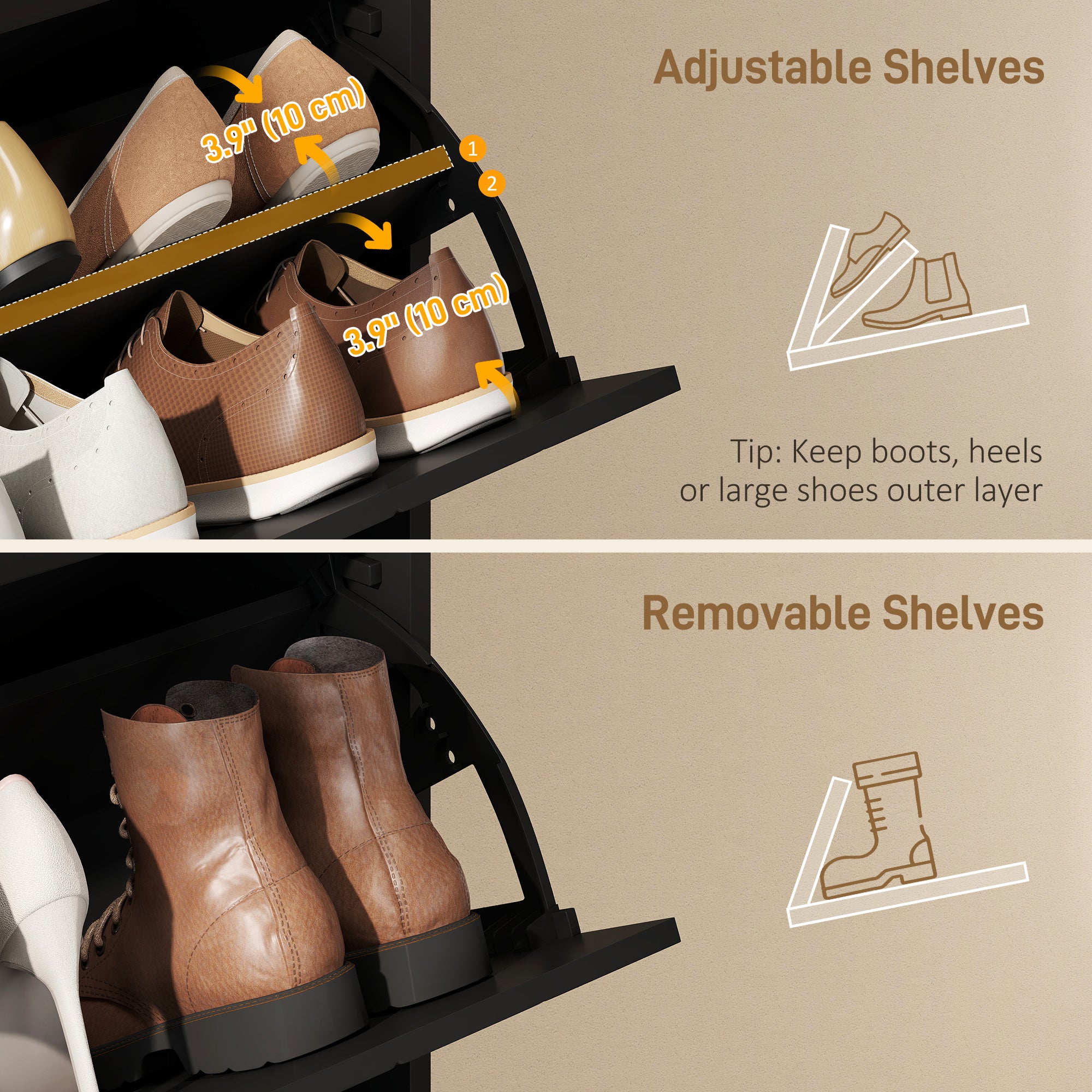 Modern Narrow Shoe Cabinet - 3 Flip Drawers Black/Gold-DECOROLALA