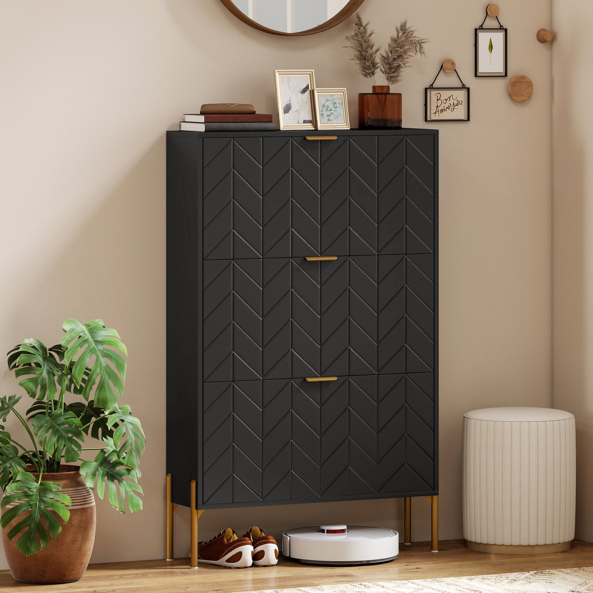 Modern Narrow Shoe Cabinet - 3 Flip Drawers Black/Gold-DECOROLALA
