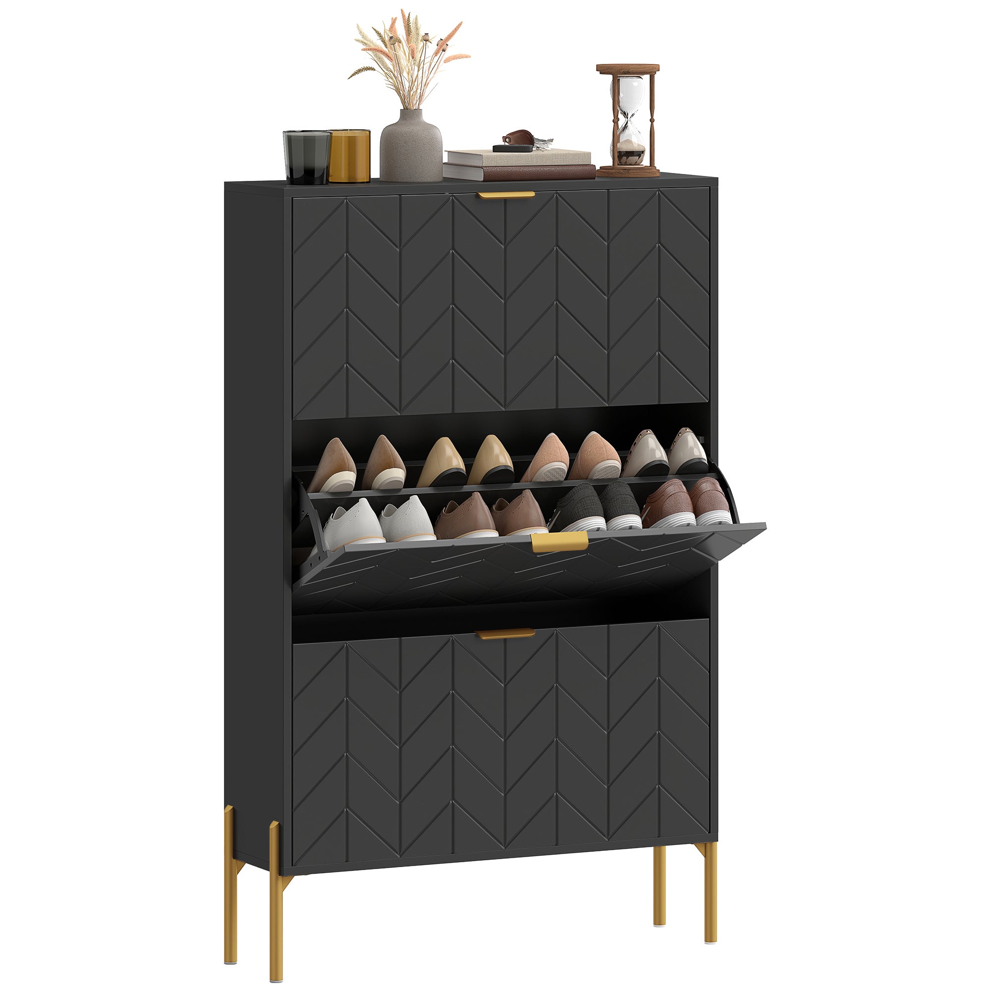 Modern Narrow Shoe Cabinet - 3 Flip Drawers Black/Gold-DECOROLALA