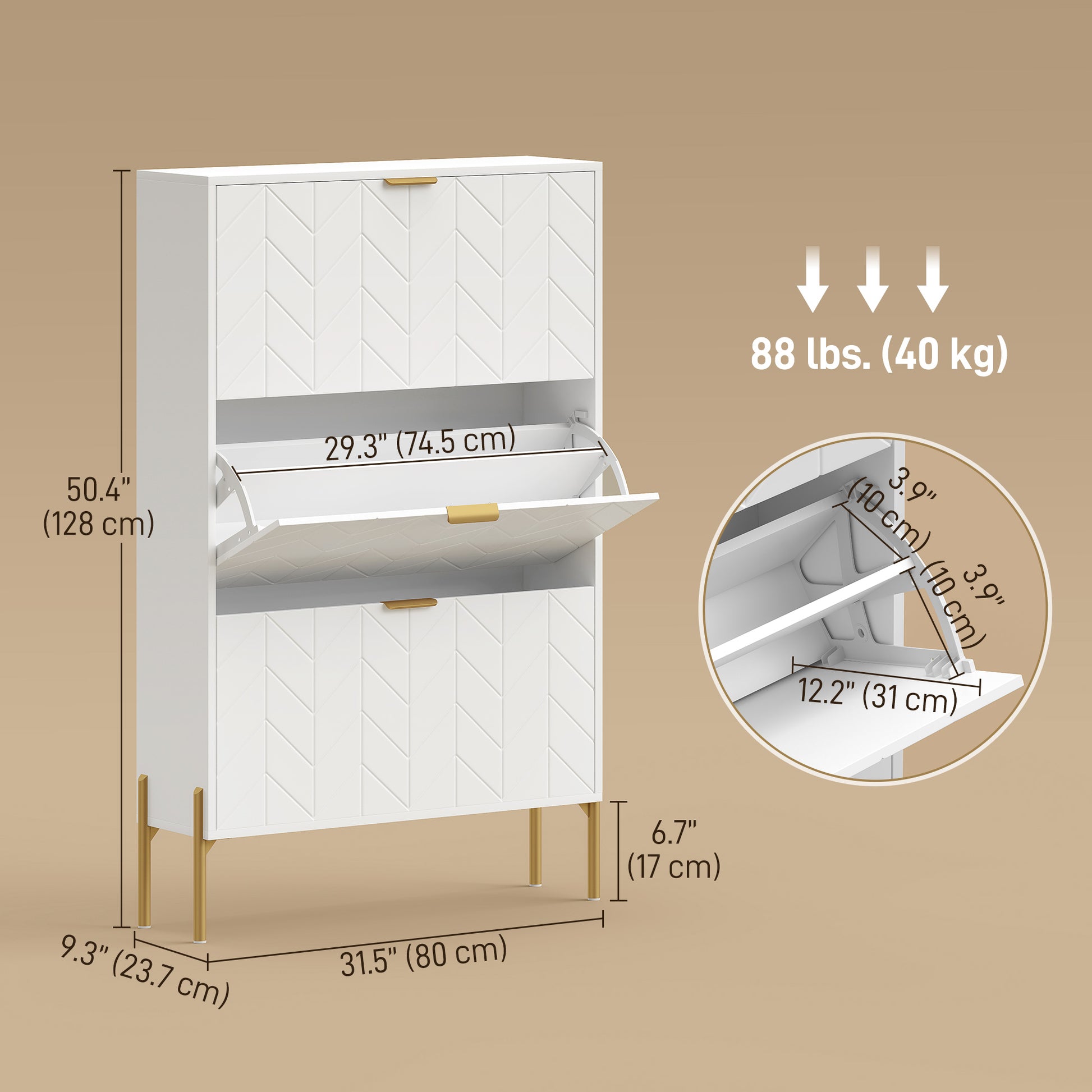 Modern Narrow Shoe Cabinet - 3 Flip Drawers, White/Gold-DECOROLALA