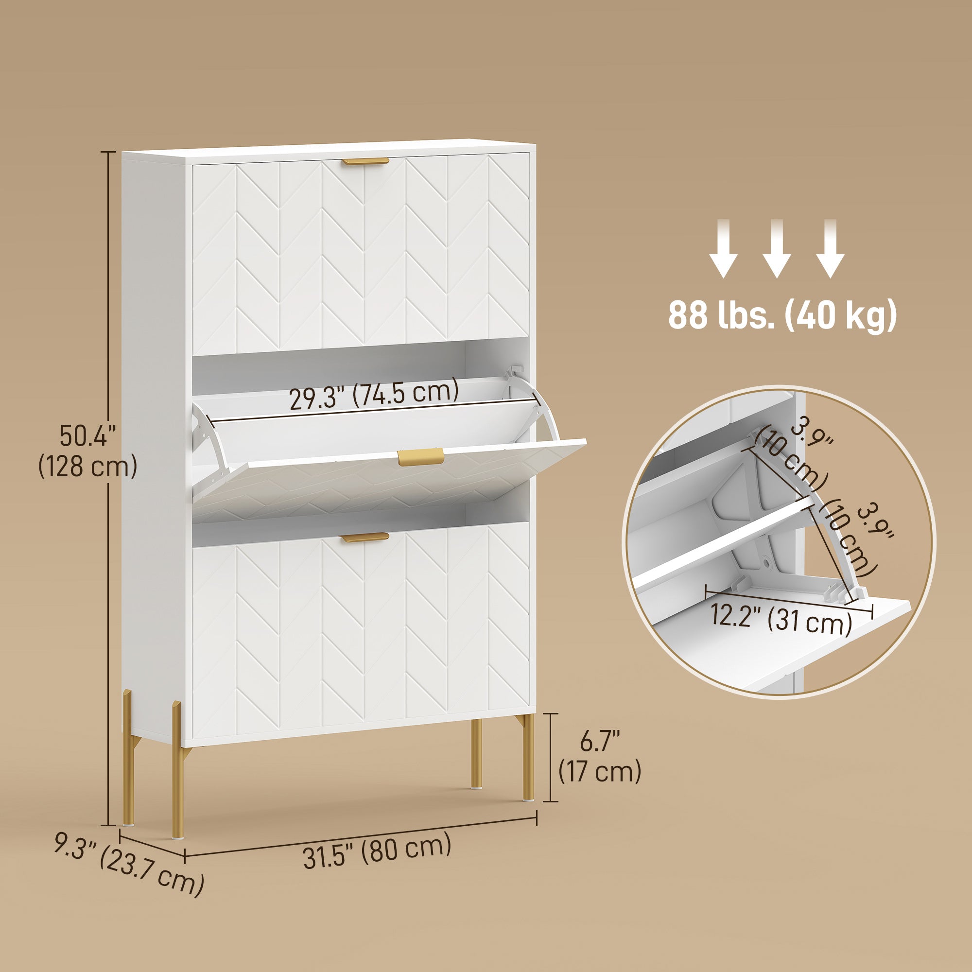 Modern Narrow Shoe Cabinet - 3 Flip Drawers, White/Gold-DECOROLALA