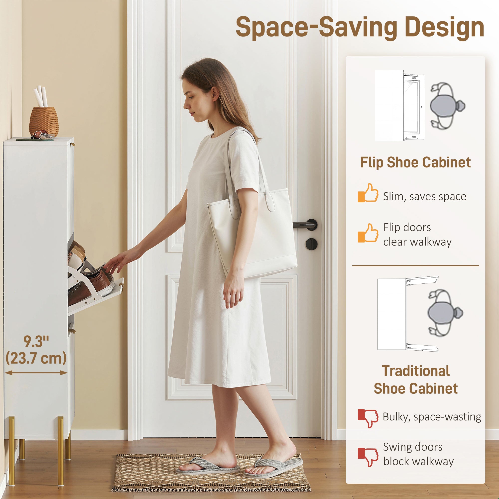 Modern Narrow Shoe Cabinet - 3 Flip Drawers, White/Gold-DECOROLALA