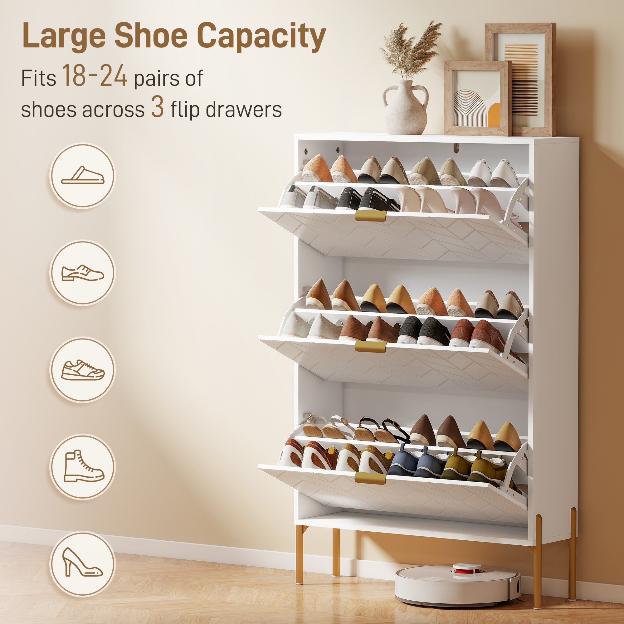 Modern Narrow Shoe Cabinet - 3 Flip Drawers, White/Gold-DECOROLALA