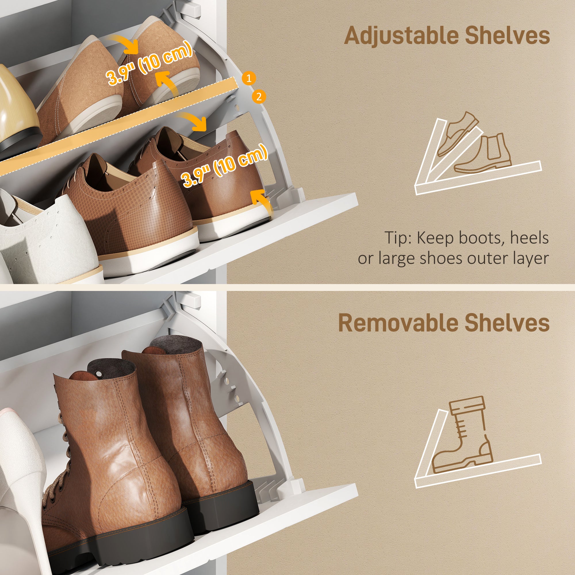Modern Narrow Shoe Cabinet - 3 Flip Drawers, White/Gold-DECOROLALA