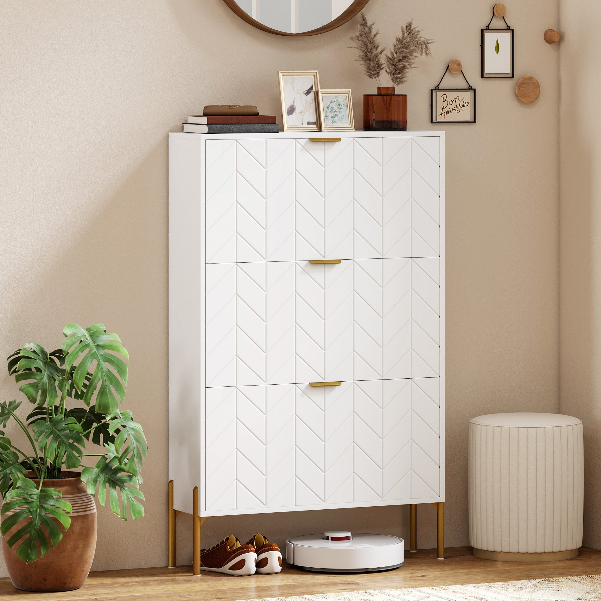 Modern Narrow Shoe Cabinet - 3 Flip Drawers, White/Gold-DECOROLALA
