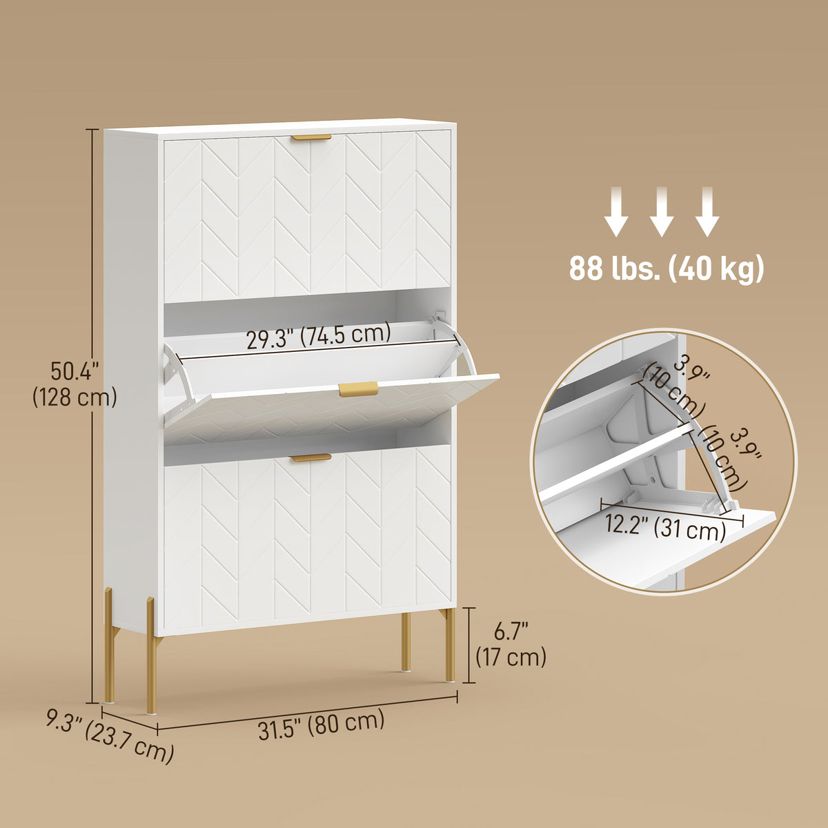 Modern Narrow Shoe Cabinet - 3 Flip Drawers, White/Gold-Shoe Storage Cabinets-DECOROLALA