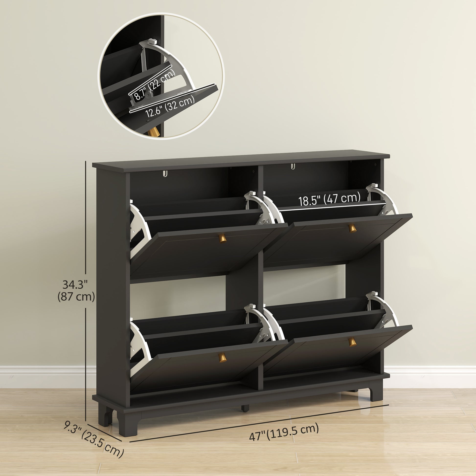Modern Narrow Shoe Cabinet - 4 Flip Drawers Black-DECOROLALA