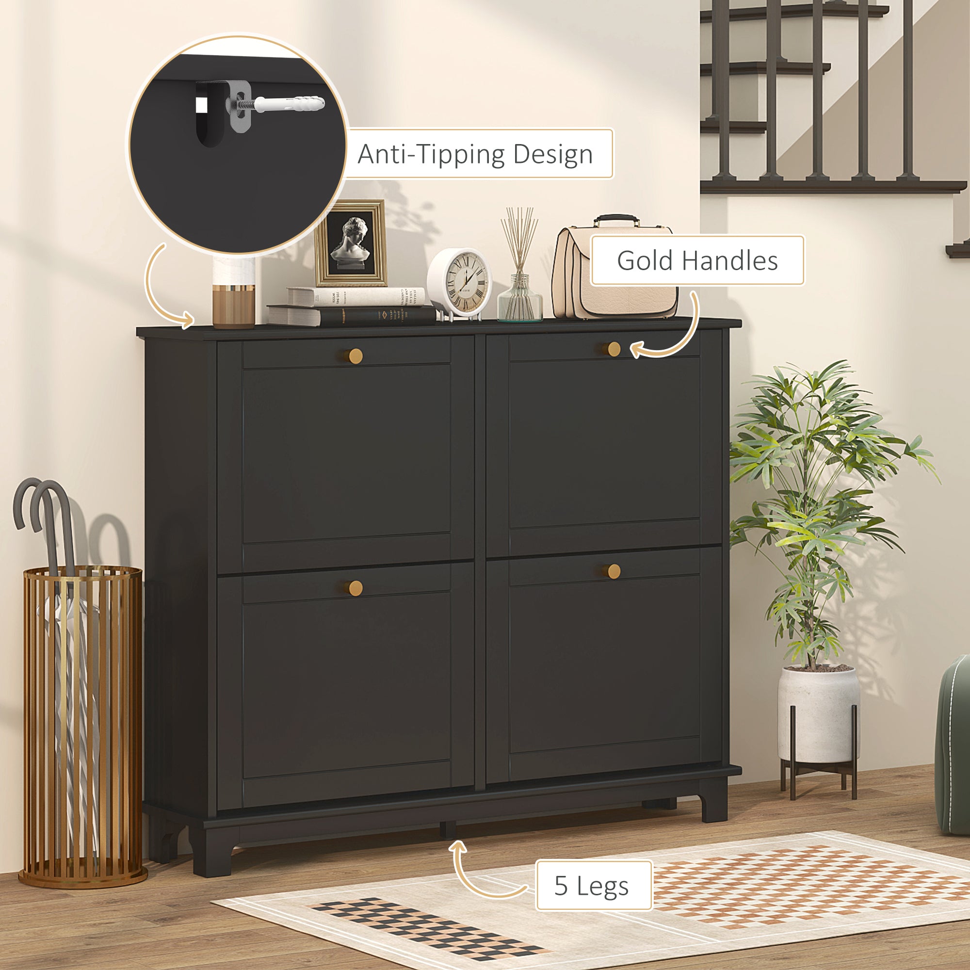 Modern Narrow Shoe Cabinet - 4 Flip Drawers Black-DECOROLALA
